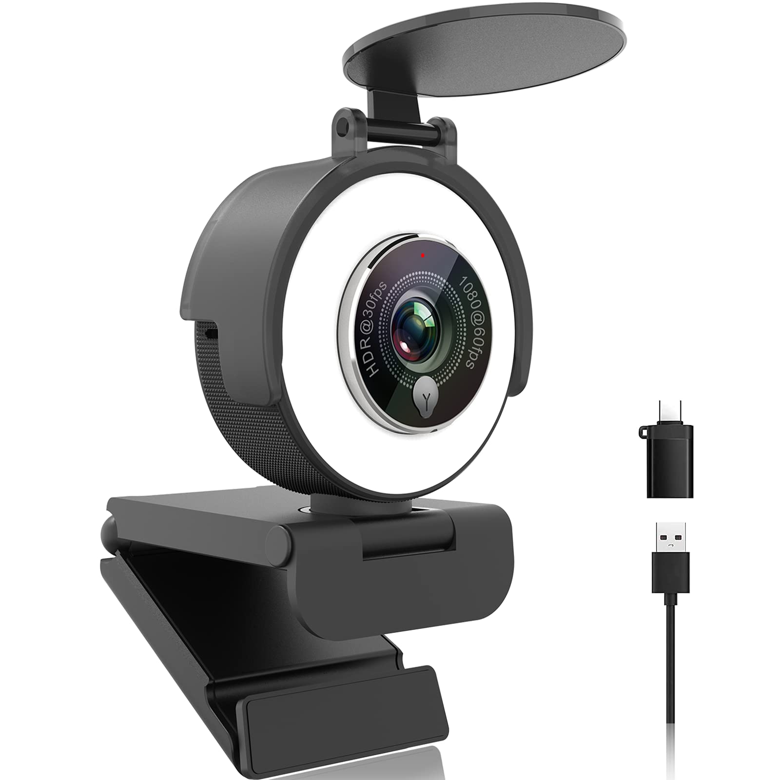 Angetube 1080P Webcam with Ring Light - USB Streaming Camera 60FPS with Built-in Mic, Auto Light Correction, Adjustable FOV, HDR Compatible for Zoom/Skype/Teams - Perfect for Video Conferencing, Online Classes & Live Streaming on PC, Laptop, Mac