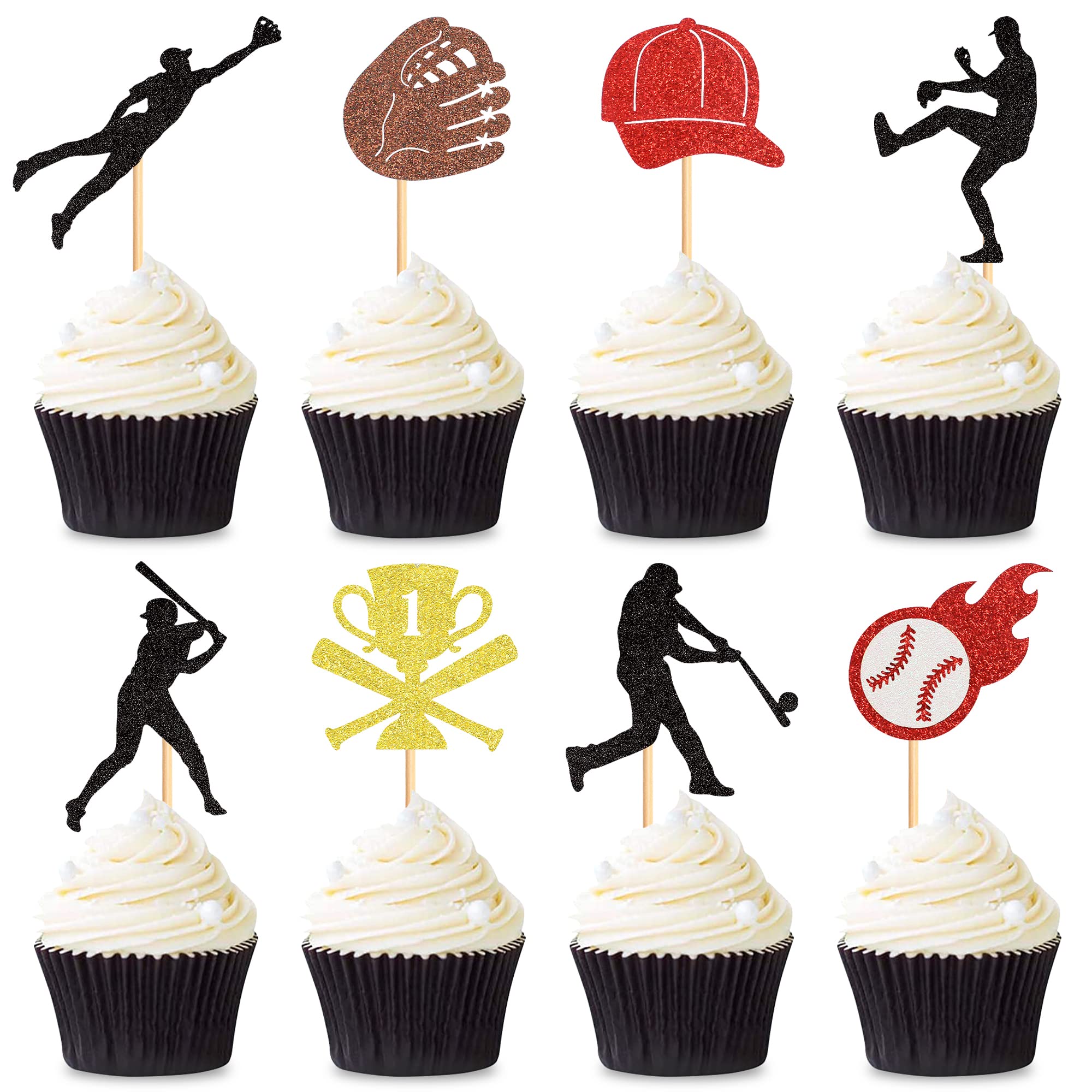 24-Pack Glitter Baseball Player Cupcake Toppers - Sports Theme Cake Decorations for Baby Showers, Kids Birthday Parties & Baseball-Themed Events - Perfect for Cupcakes, Cakes & Dessert Displays