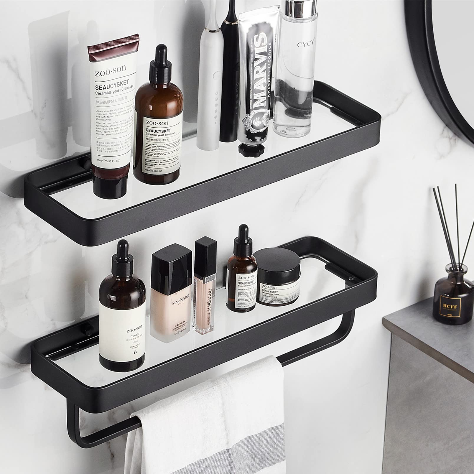 VOLPONE 2-Tier Wall Mounted Bathroom Shelves - Floating Tempered Glass Shelf for Bathroom Storage & Organization (Black) | Perfect for Shower, Toiletries & Bath Accessories