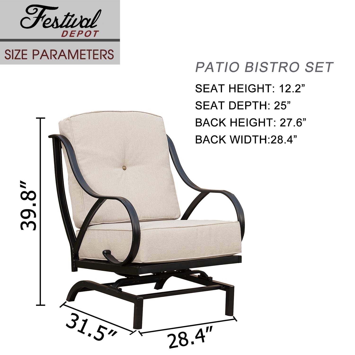 Festival Depot 2-Piece Patio Chair Set with Thick Cushions - Metal Armchairs for Outdoor Bistro, Deck & Garden - Beige - Perfect for Relaxing, Entertaining & Outdoor Dining