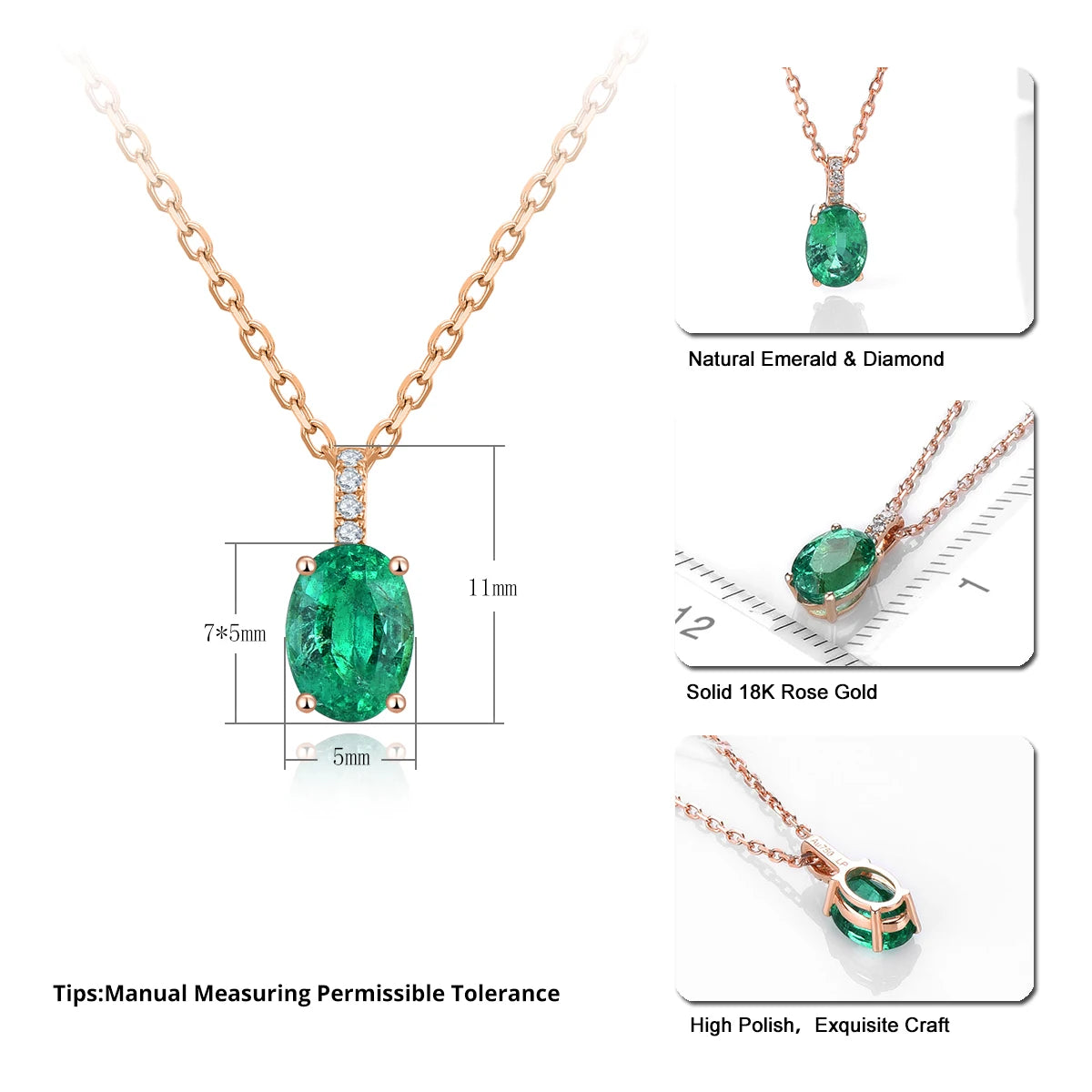 18K Rose Gold Emerald and Diamond Pendant Necklace - 0.82ct Natural Emerald & 0.028ct Diamond Jewelry with Sterling Silver Chain - Elegant Gift for Women, Birthday, Anniversary & Special Occasions