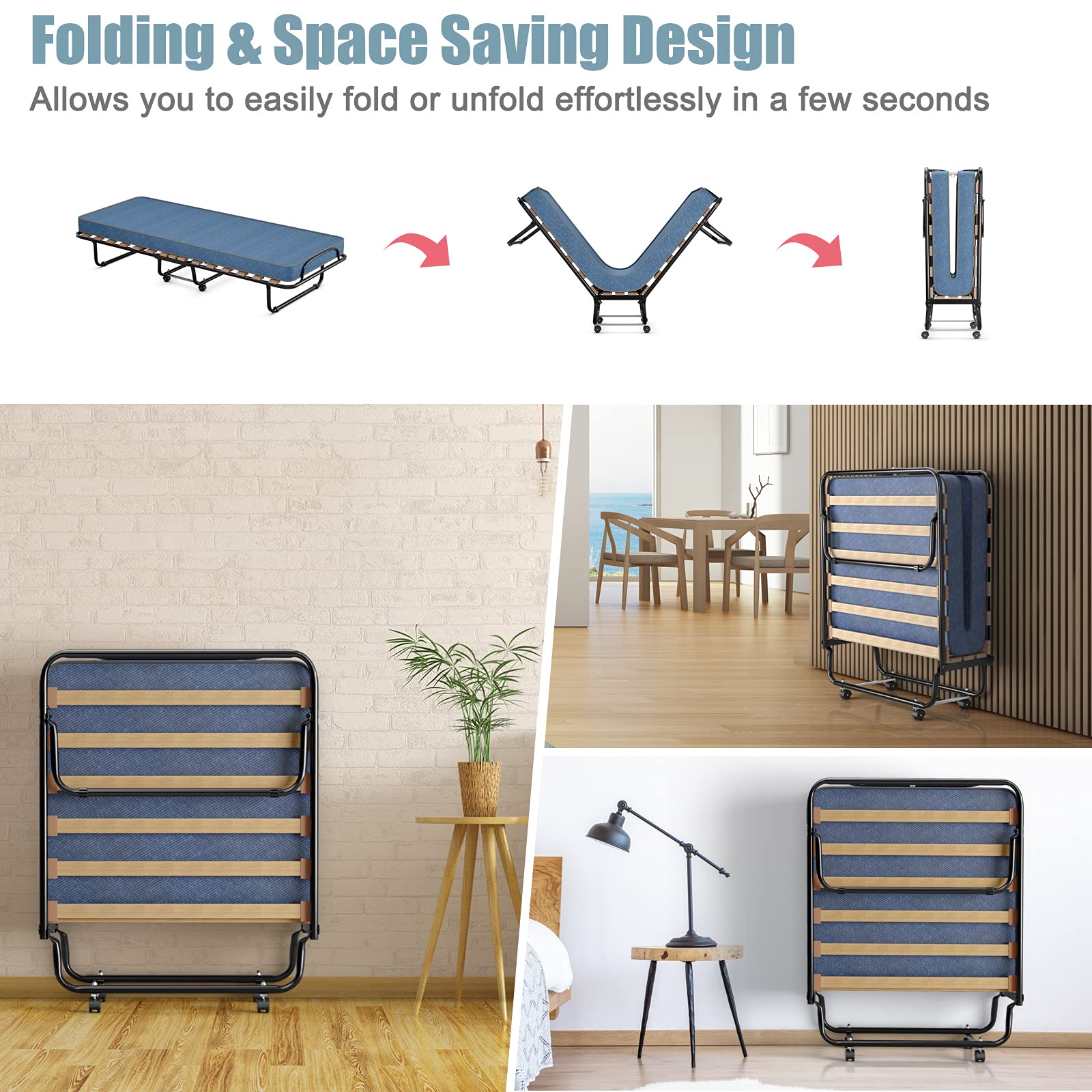 KOMFOTT Rollaway Bed with 4 Inch Memory Foam Mattress - Foldable Guest Bed for Adults, Sturdy Steel Frame, Portable & Space-Saving - Perfect for Home, Office & Travel (Made in Italy)