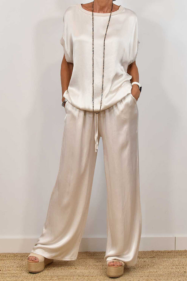 Women's Satin Solid Color Loose Short Sleeve Top & Elastic Waist Lace-Up Pocket Wide Leg Pants Set - Casual Outfit for Summer, Beach, Vacation and Lounge Wear