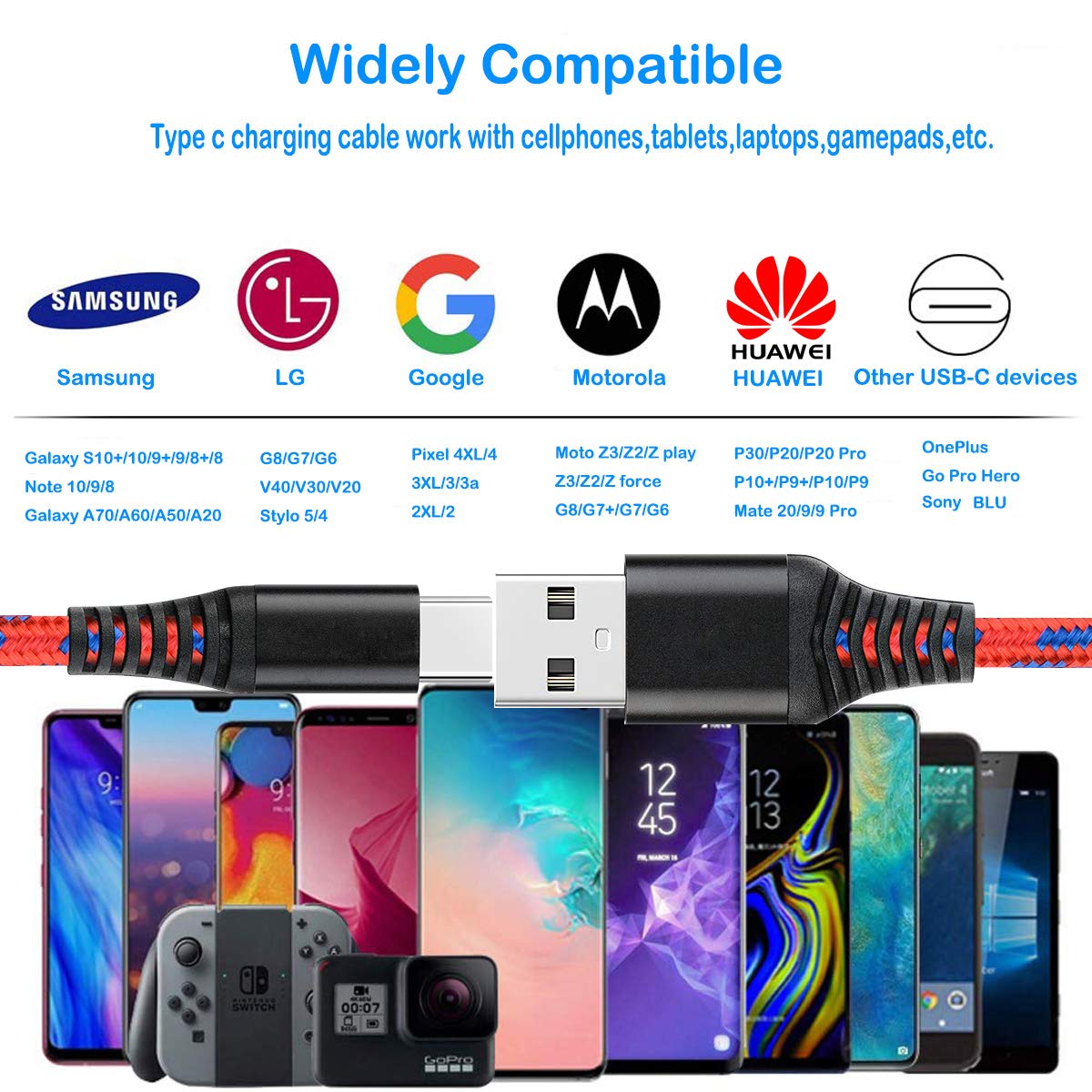 2-Pack 10ft USB Type C Fast Charging Cable - Quick Charge 3.0 Compatible with Samsung Galaxy S20/S10/S9/A71/A51/A31/A11, Kindle Fire 10, Xbox Series S, Xiaomi Redmi 10 - Perfect for Home, Office & Travel Charging