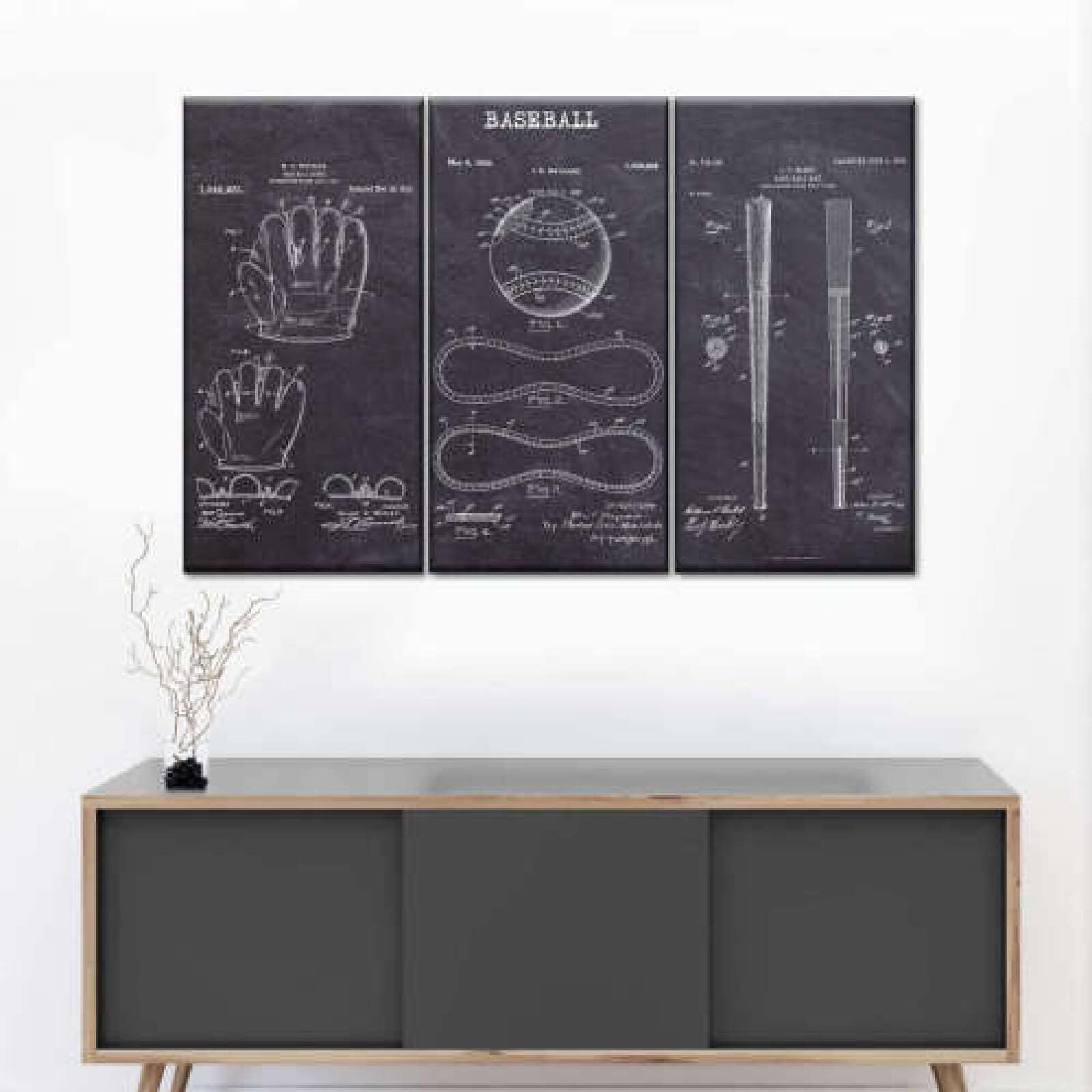 3 Piece Canvas Wall Art Set - Baseball Patent Compilation Prints, Abstract Modern Home Decor for Living Room | Stretched & Framed Ready to Hang | Perfect for Sports Themed Rooms, Man Caves & Office Decor
