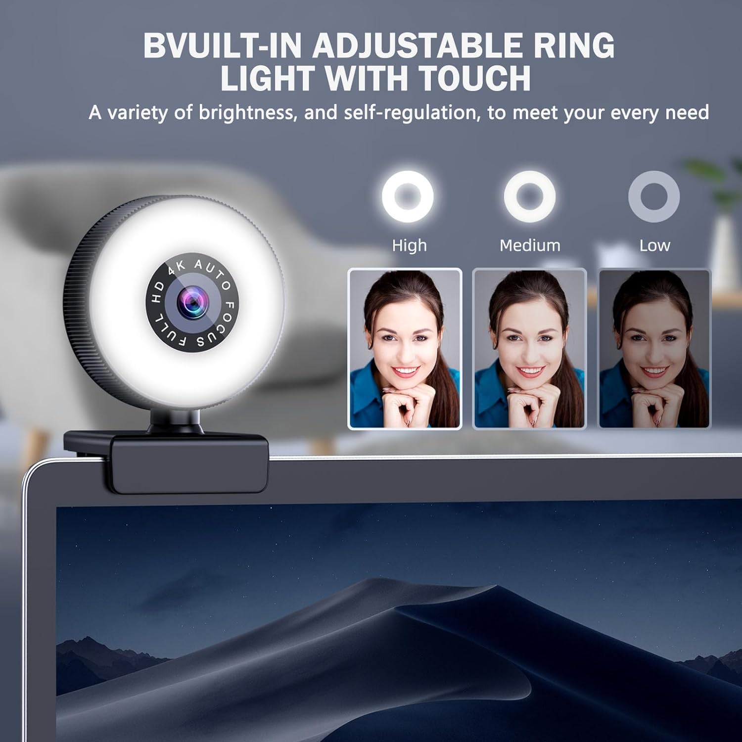 Greethga 1080P HD USB Webcam with Built-in Microphone & Adjustable Ring Light - Perfect for Zoom Meetings, Online Classes, Video Conferencing on Desktop & Laptop