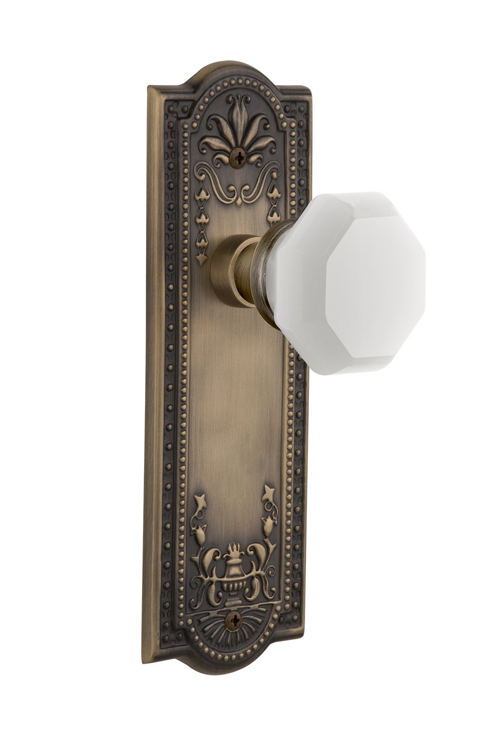 Vintage Waldorf White Milk Glass Knob by Nostalgic Warehouse - Antique Brass Finish, 2.375