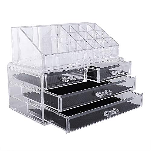 **Makeup Organizer and Jewelry Storage Box with 4 Drawers – Plastic Cosmetic Organizer for Bathroom, Dresser, Vanity & Countertop (2-Piece Set) – Perfect for Travel, Home & Salon Organization**