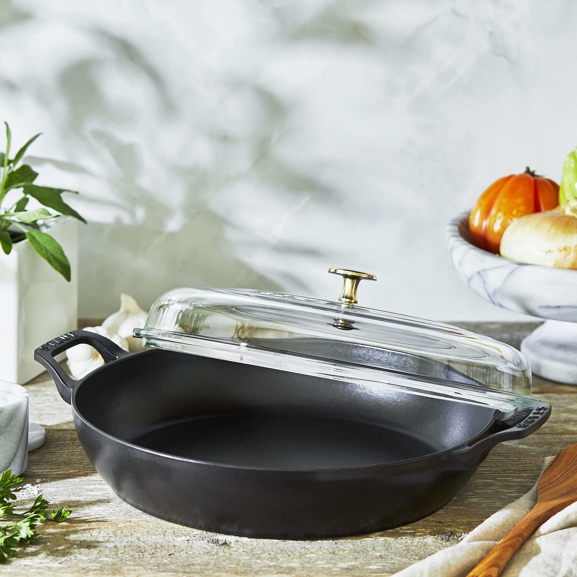 STAUB 3.5-Quart Matte Black Enameled Cast Iron Braiser with Glass Lid - Perfect for Slow Cooking, Roasting & Serving Dishes Family Style