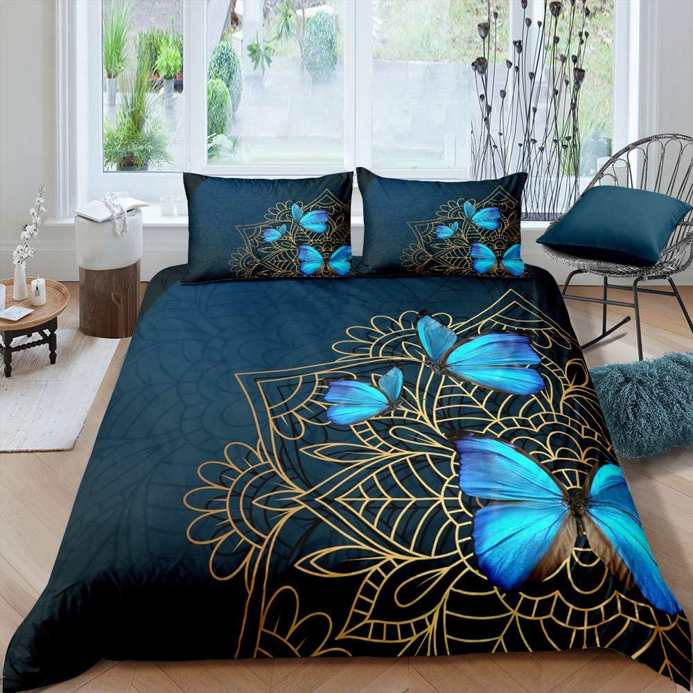 Erosebridal King Size Mandala Duvet Cover Set - Bohemian Floral Butterfly Comforter Cover with Golden Pattern, Blue Boho Bedding for Women, Kids, Boys & Girls - Perfect for Teen Bedrooms, Guest Rooms & Bohemian Home Decor