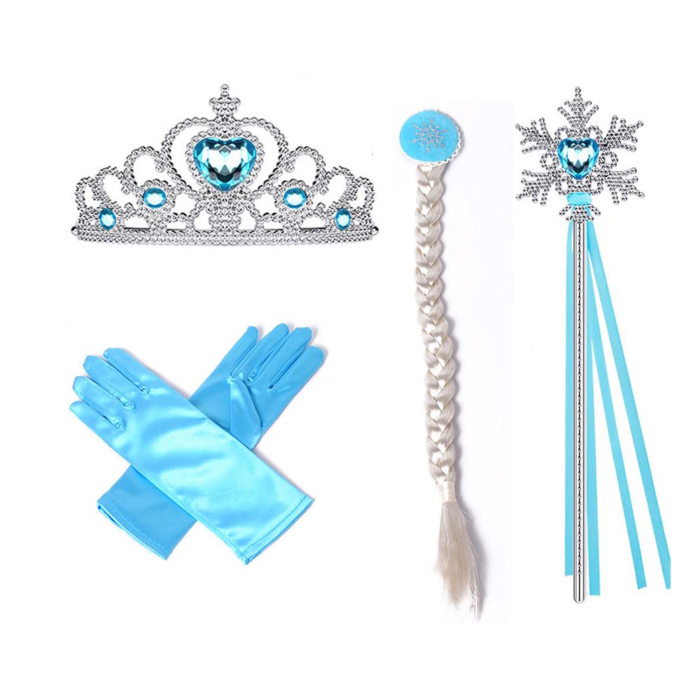 KARMOGSO Princess Dress Up Costume Set for Toddler Girls - Blue Fairy Tale Cosplay Outfit with Braid, Gloves, Crown Tiara & Magic Wand (4-Piece) | Perfect for Birthday Parties, Halloween & Dress-Up Play