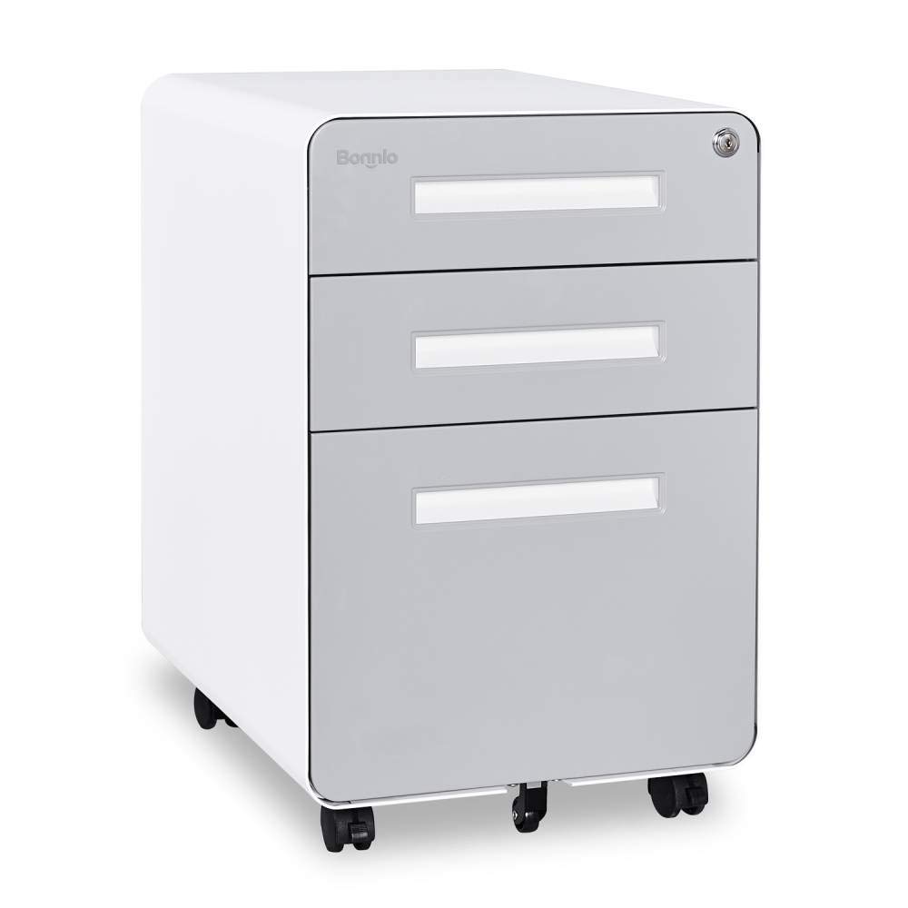 Bonnlo 3-Drawer Rolling File Cabinet with Lock - Gray & White Metal Mobile Under Desk Storage Organizer for Home Office, Fully Assembled Printer Stand with Pencil Tray (23.8