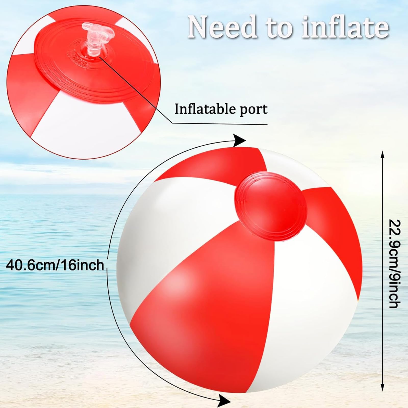 Whaline 16Pcs 16-Inch Red & White Inflatable Beach Balls - Premium PVC Pool Toys for Summer, Hawaiian Tropical Theme Party Decorations - Perfect for Beach Games, Water Play & Sand Activities - Fun Outdoor Party Accessories for Kids & Adults