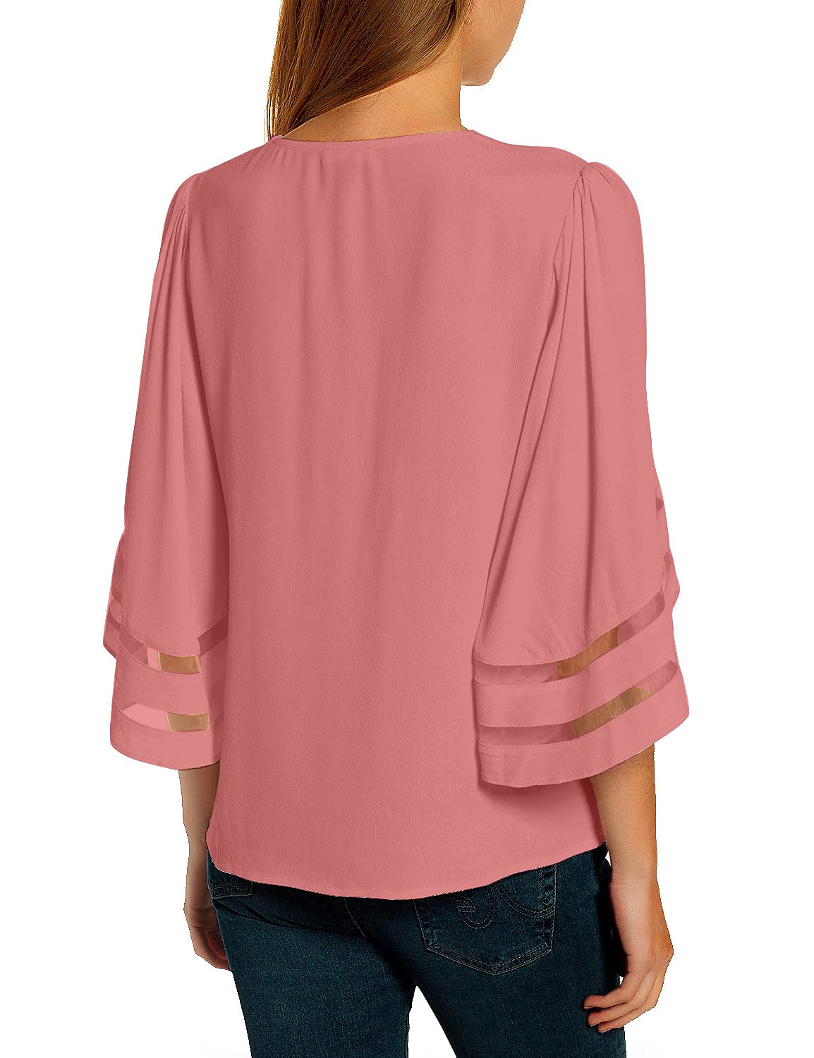 LookbookStore Women's Trendy 2024 V-Neck Mesh Panel Blouse with 3/4 Bell Sleeves - Casual & Dressy Tops for Work, Date Night & Spring Outfits