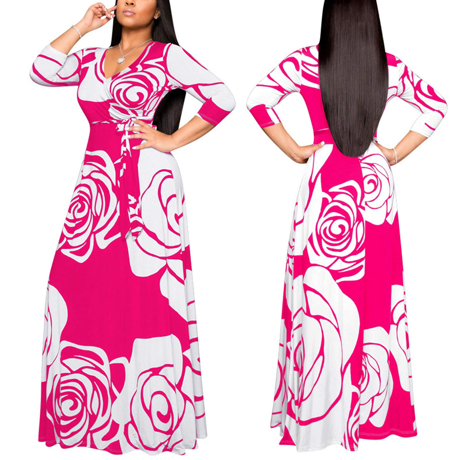 JTNFairy Women's Casual Floral Print Long Maxi Dress Plus Size Summer Beach Party Outfit - Perfect for Vacations, Weddings & Outdoor Events