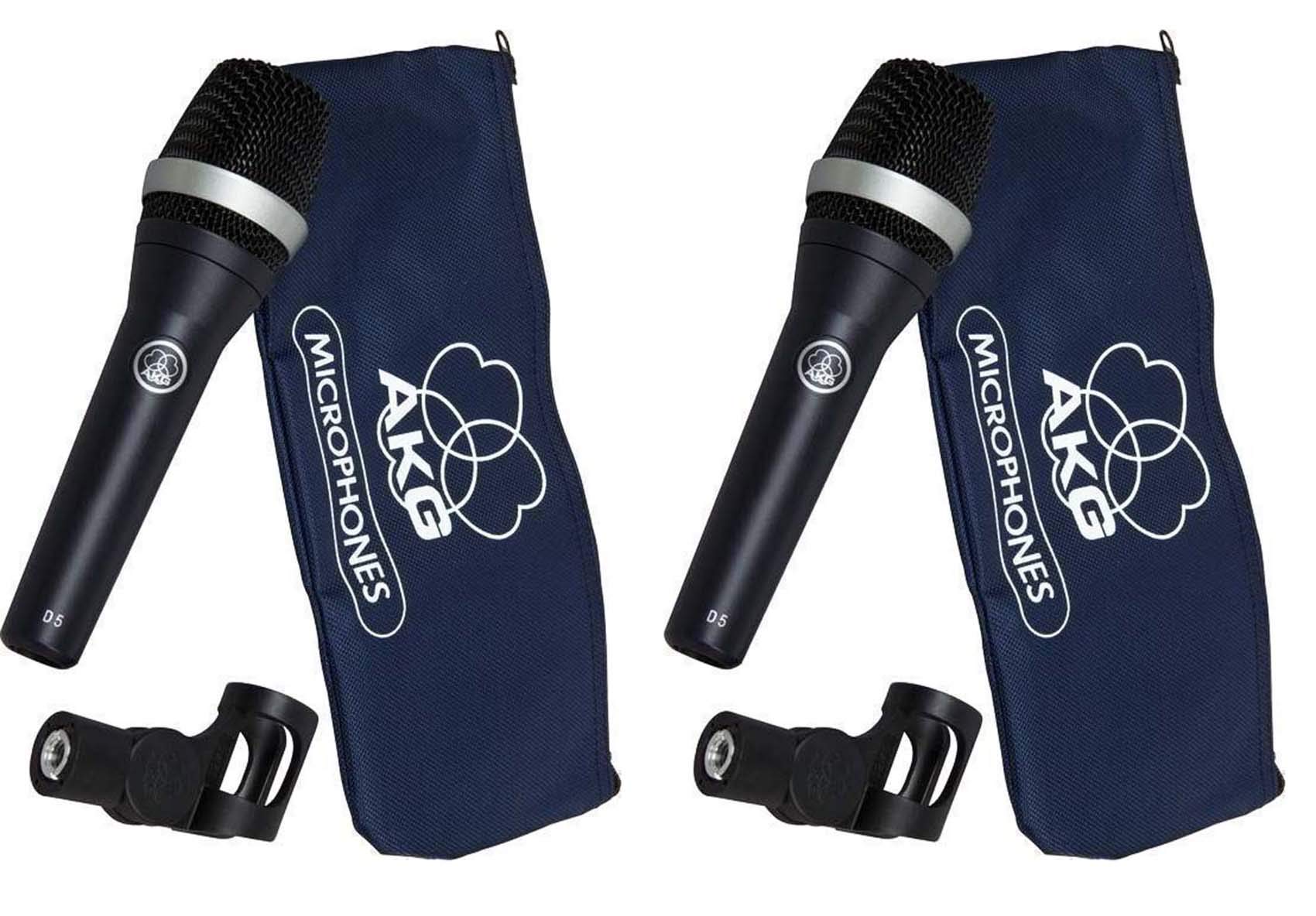 AKG D5 Dynamic Cardioid Handheld Vocal Microphones (Pair) with Mic Mounting Clips - Perfect for Live Performances, Studio Recording & Karaoke Nights
