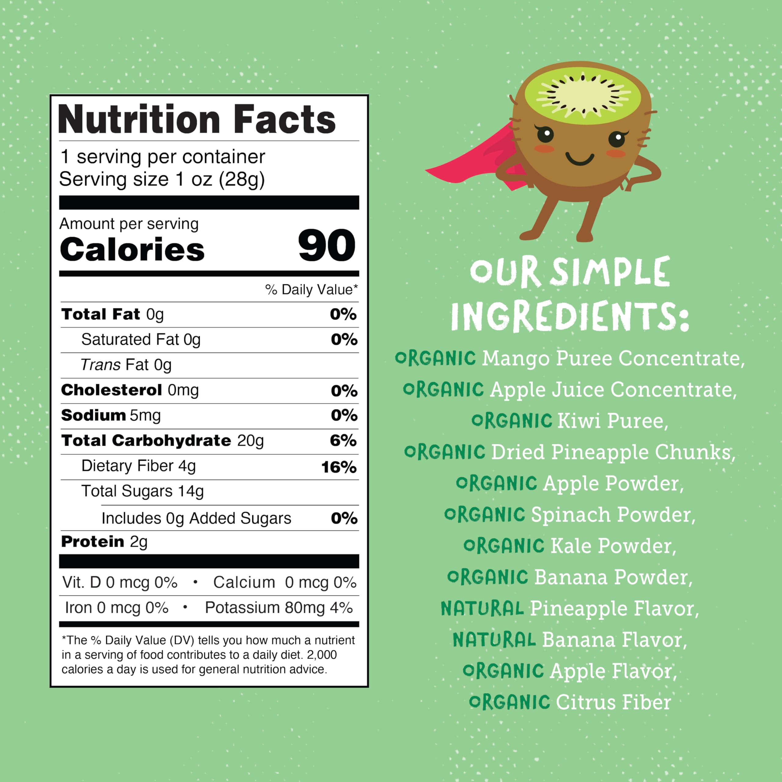 SuperGreen & Kiwi All Natural Fruit Snacks - Healthy Vegan Snack Pack, Gluten Free, Non-GMO, Kosher, Low Fat, High Fiber, Real Fruit Variety Pack (1.0 oz, 12 Pack) - Perfect for Lunchboxes, Office Snacks & Gift Baskets