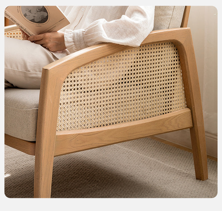 Solid Oak Wood Armchair with Milky Skin Tone Finish and Rattan Accents - Perfect for Living Room, Bedroom, or Office Decor