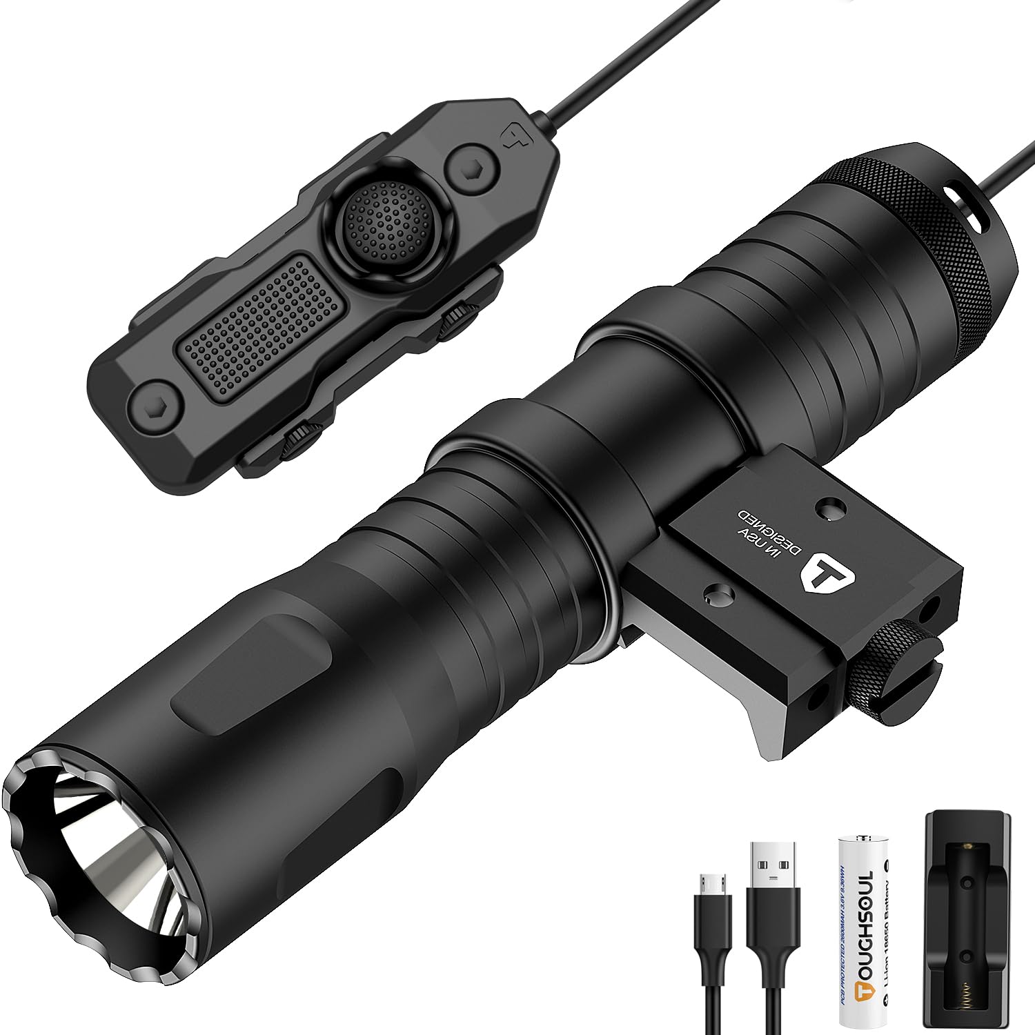 TOUGHSOUL 1250 Lumens Tactical Flashlight with Picatinny & M-LOK Mount - Rechargeable LED Flashlight with Remote Pressure Switch, Battery & Charger Included - Perfect for Hunting, Camping & Home Defense