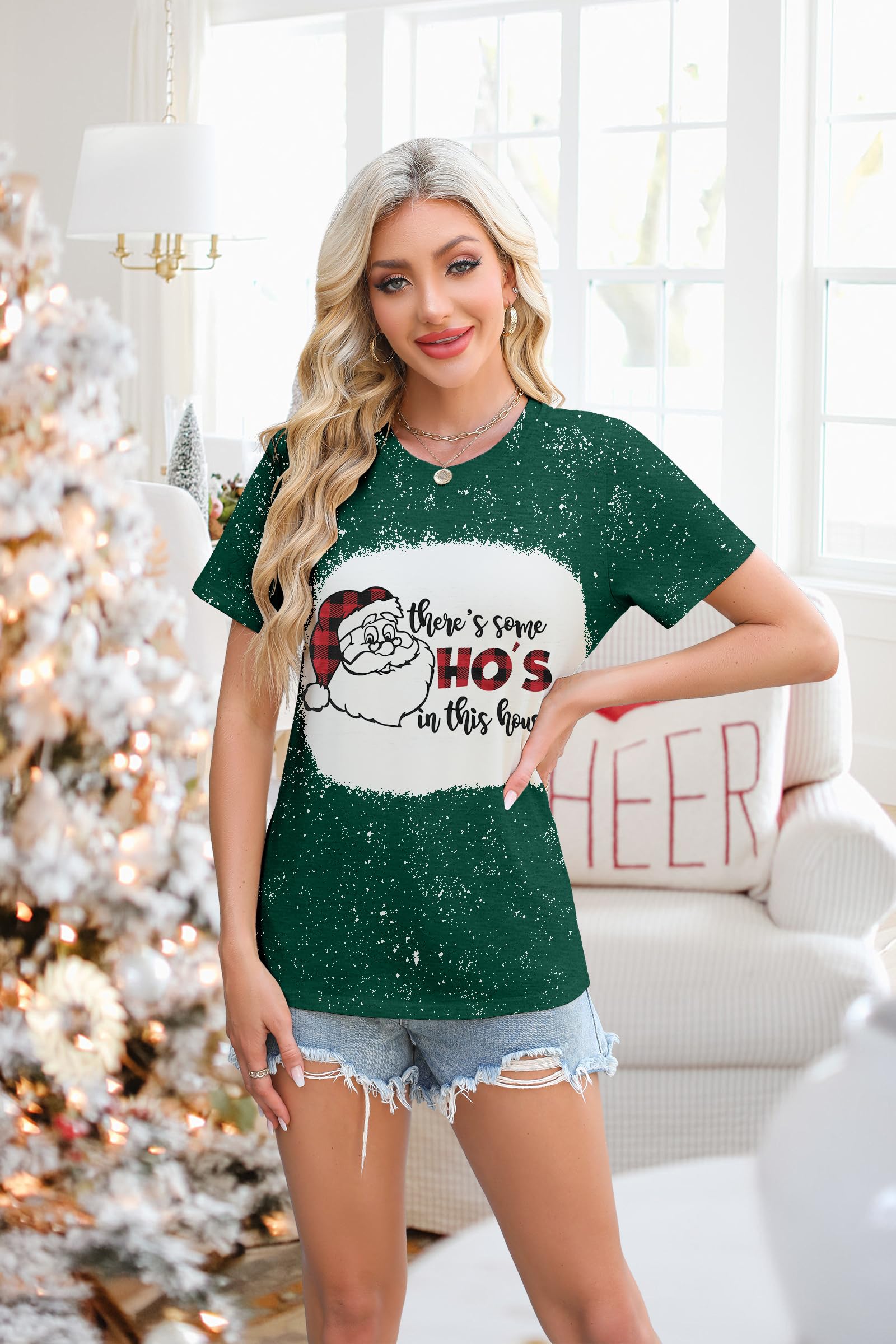 Funny Christmas T-Shirts for Women - 'There's Some Santa in This House' Holiday Tee | Casual Short Sleeve Top for Xmas Parties & Family Gatherings