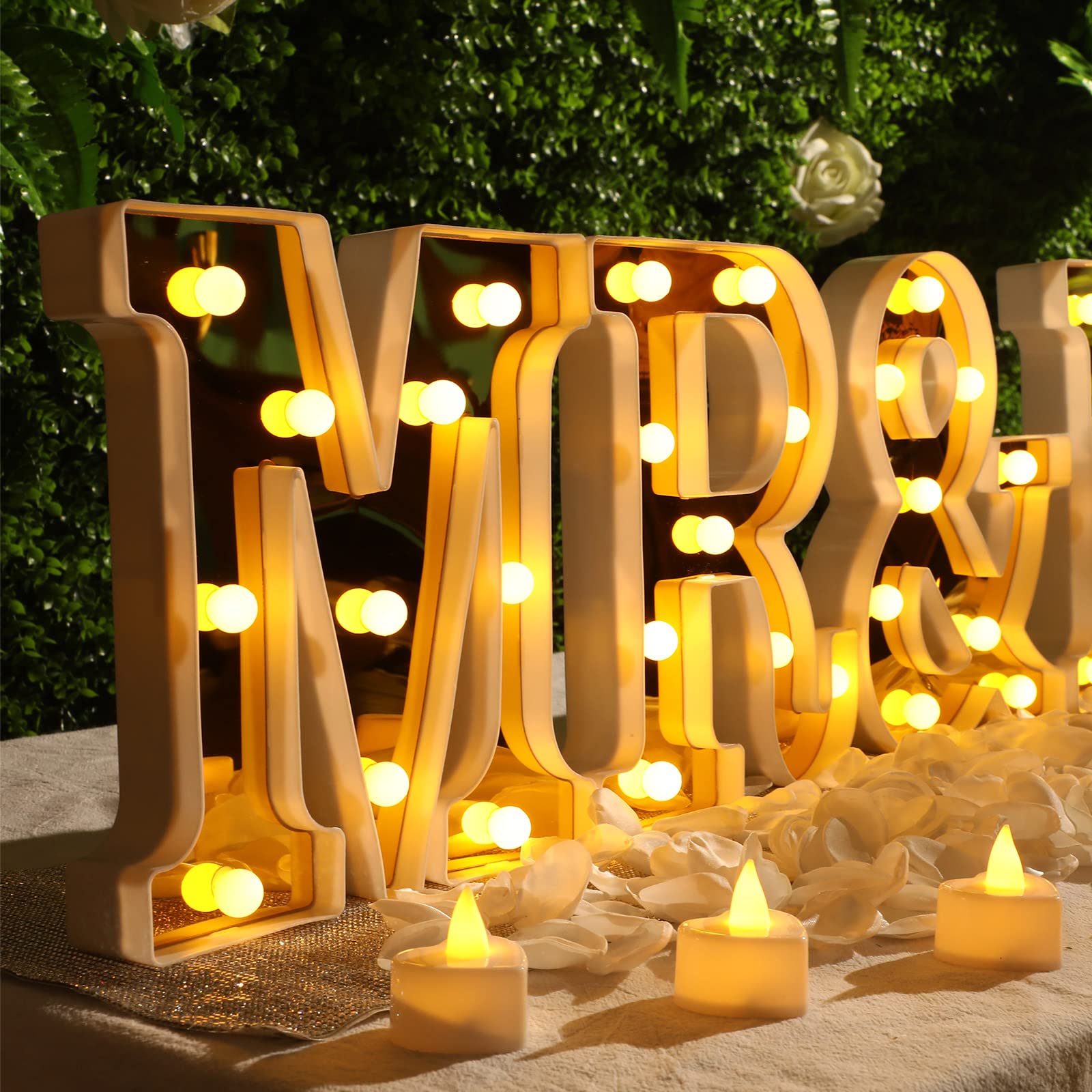 6 Pcs Mr and Mrs LED Sign with 12 Flameless LED Candles & 300 Artificial Rose Petals - Gold Wedding Table Decor for Romantic Nights, Anniversaries, and Valentine's Day Celebrations