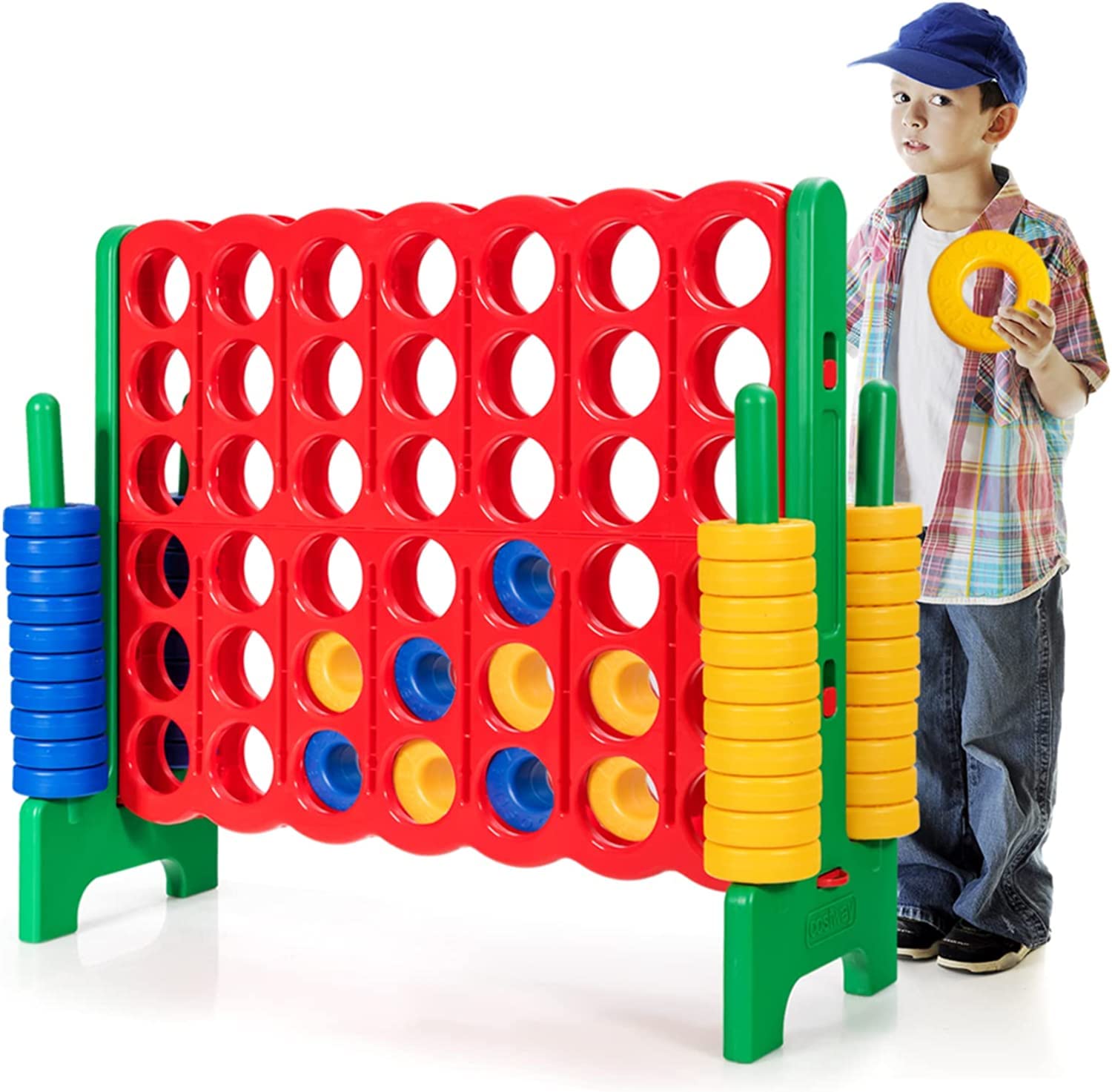 HONEY JOY Jumbo 4-to-Score Giant Game Set - Outdoor Yard Games for Family & Friends - 42 Oversized Rings with Quick-Release Slider - 3.5FT Tall 4-in-A-Row Game for Kids & Adults - Perfect for Backyard Parties, Picnics, and Beach Fun