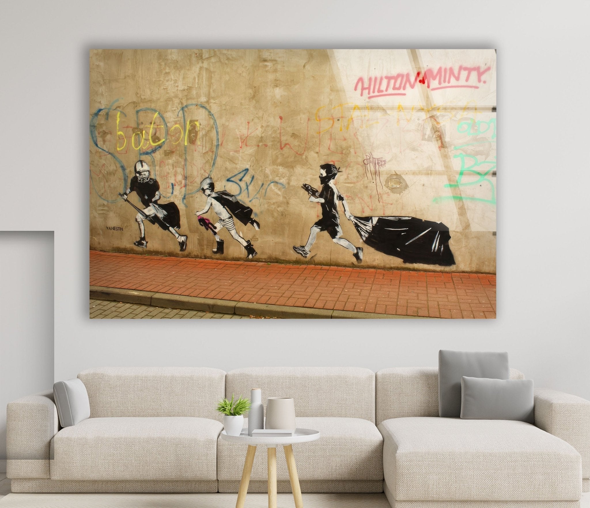 Banksy Boys Heroes Glass Wall Art - Modern Street Art Decor for Living Room, Bedroom & Office - Unique Gift for Art Lovers