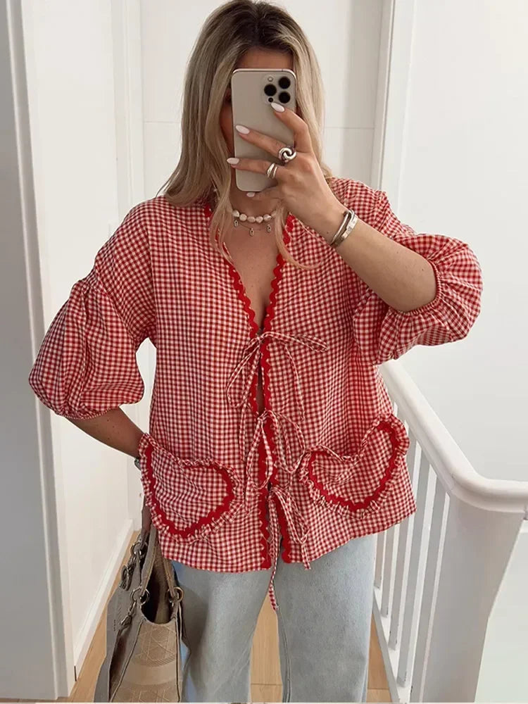 Women's Fashion Plaid Ruffle Lace-Up Blouse - Sweet V-Neck, Puff Sleeves & Heart Pocket Top for Casual Streetwear | Perfect for Date Nights, Office Wear & Spring Outfits