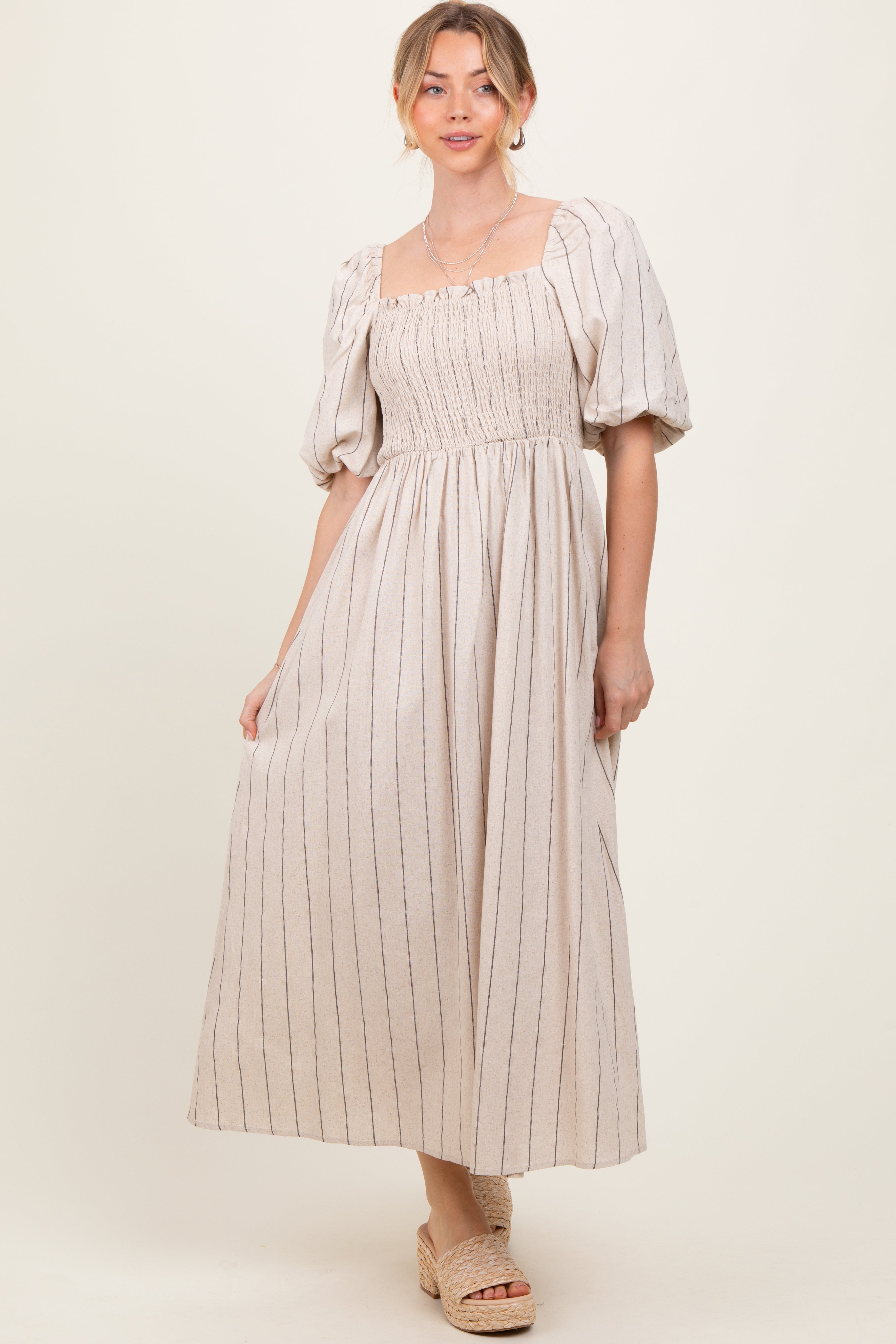 Beige Linen Stripe Puff Sleeve Midi Dress for Women - Summer Boho Chic Casual Dress with Flowy Ruffles - Perfect for Beach Vacations, Garden Parties & Date Nights