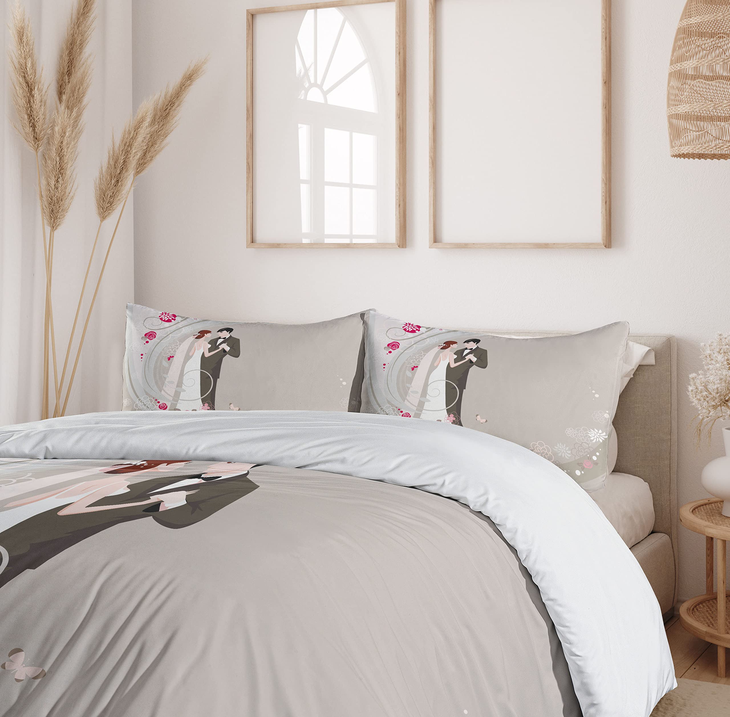 Ambesonne Wedding Duvet Cover Set - Abstract Floral Design for Bride & Groom, 3-Piece California King Bedding with 2 Pillow Shams in Grey Black Pink | Perfect for Wedding Night, Anniversary Gifts & Romantic Bedroom Decor