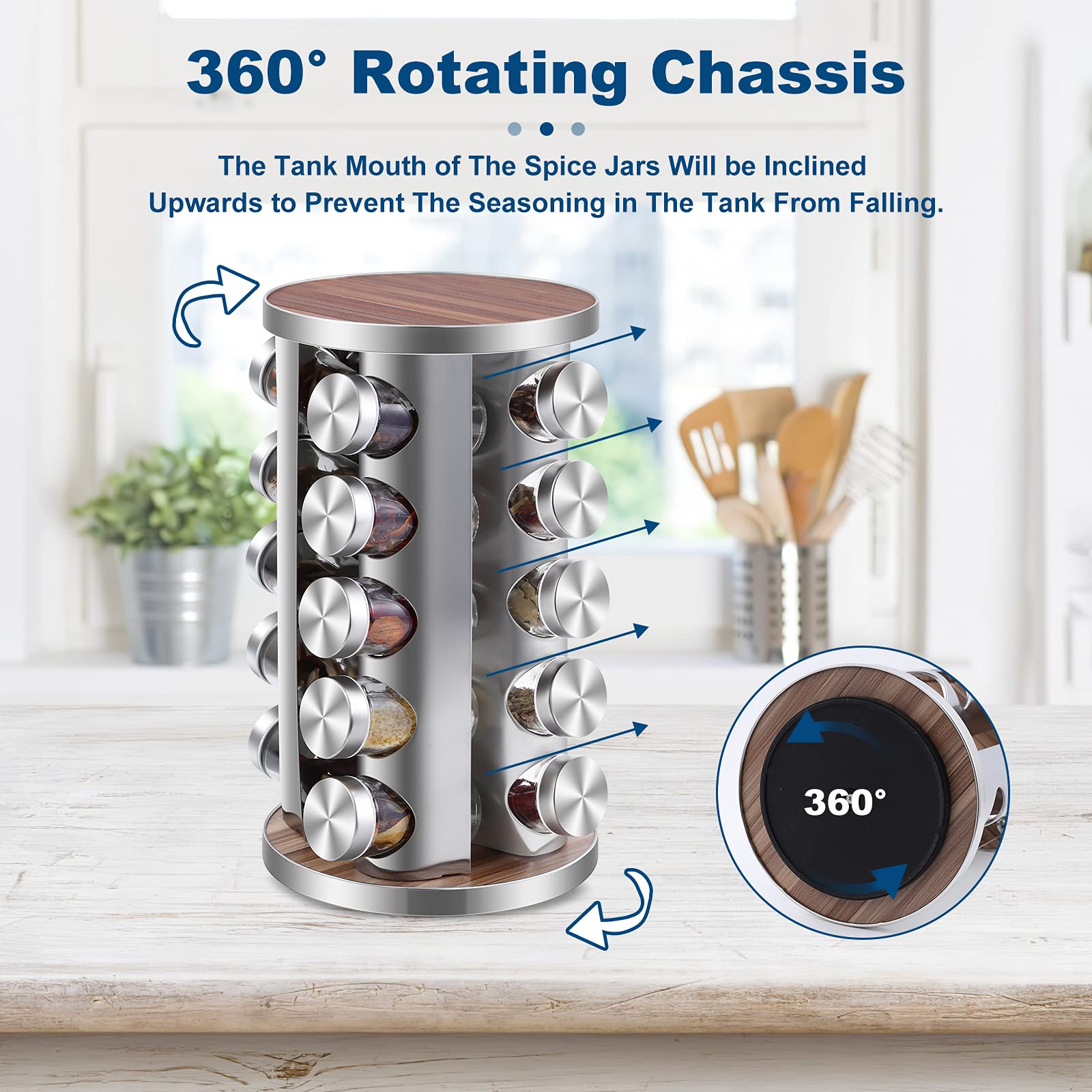 WAYDA Rotating Spice Rack Organizer - 20 Jar Revolving Seasoning Storage for Kitchen Cabinet | Stainless Steel Spice Tower with Reusable Labels & Funnel | Perfect for Countertop Organization & Easy Spice Access
