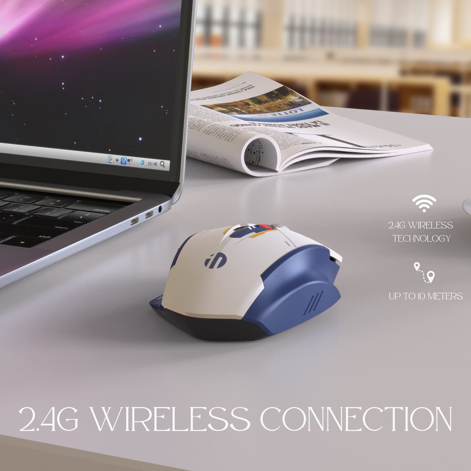 Rechargeable Wireless Mouse 2.4G USB Ergonomic Silent Computer Mouse with 3 Adjustable DPI Levels, Visible Battery Indicator, Blue & White Design for Laptop, PC, Office, and Home Use