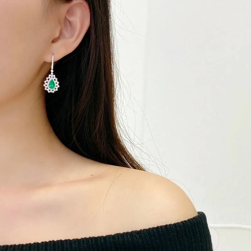 18K White Gold Emerald and Diamond Earrings for Women - Luxury Romantic Style Natural Gemstone Jewelry - Perfect for Senior Banquets, Weddings & Special Occasions