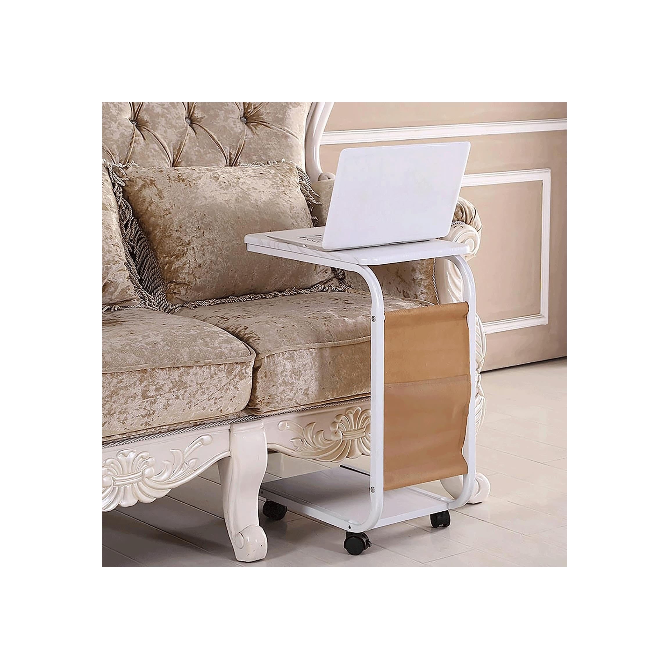 Adjustable Overbed Table with Wheels - C-Shaped Mobile Standing Desk for Laptop, Bedside Work & Dining - Steel Frame Height-Adjustable Side Table for Home, Hospital & Office Use