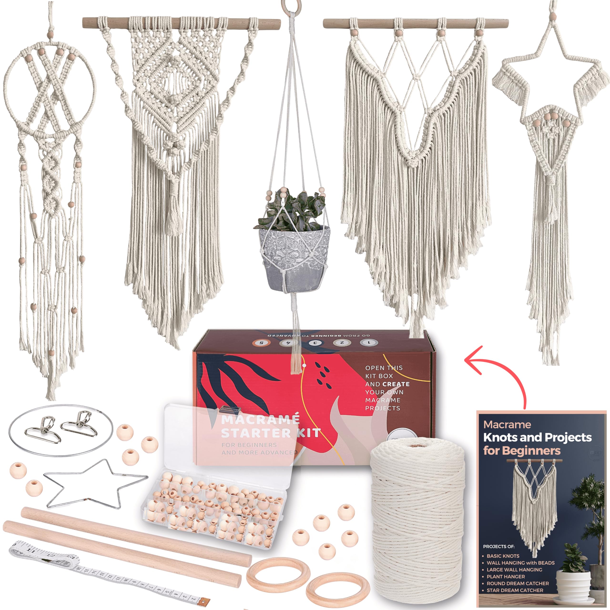 DIY Macrame Kit for Adults Beginners - 112 Macrame Supplies & 5 Project Book with 165 Yards Macrame Cord | Complete Craft Starter Set for Wall Hangings, Plant Hangers & Home Decor