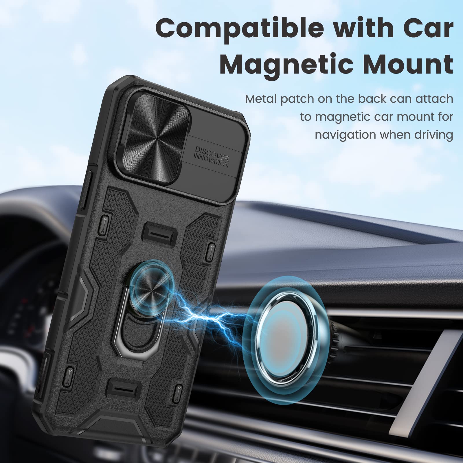 **Caka Magnetic Protective Phone Case for iPhone 13 Pro Max & 12 Pro Max - Built-in 360° Rotating Ring Kickstand, Camera Cover & Stand - Black | Perfect for Work, Travel & Everyday Use**