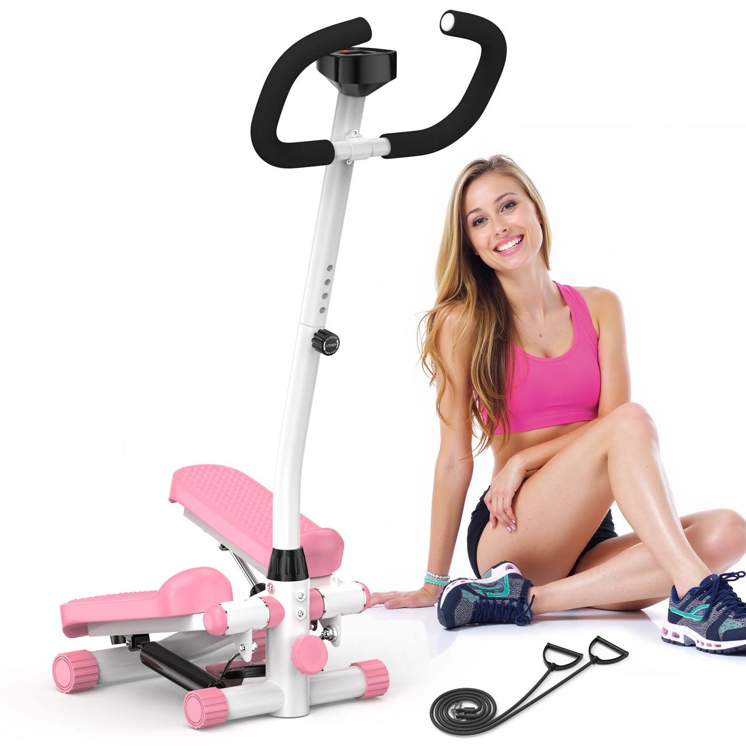 Mini Steppers for Home Workout - Pink Stair Stepper with Handlebar & Resistance Bands, 330 lb Capacity - Compact Exercise Machine for Cardio, Leg Toning & Indoor Fitness - Perfect for Small Spaces, Office or Apartment Workouts