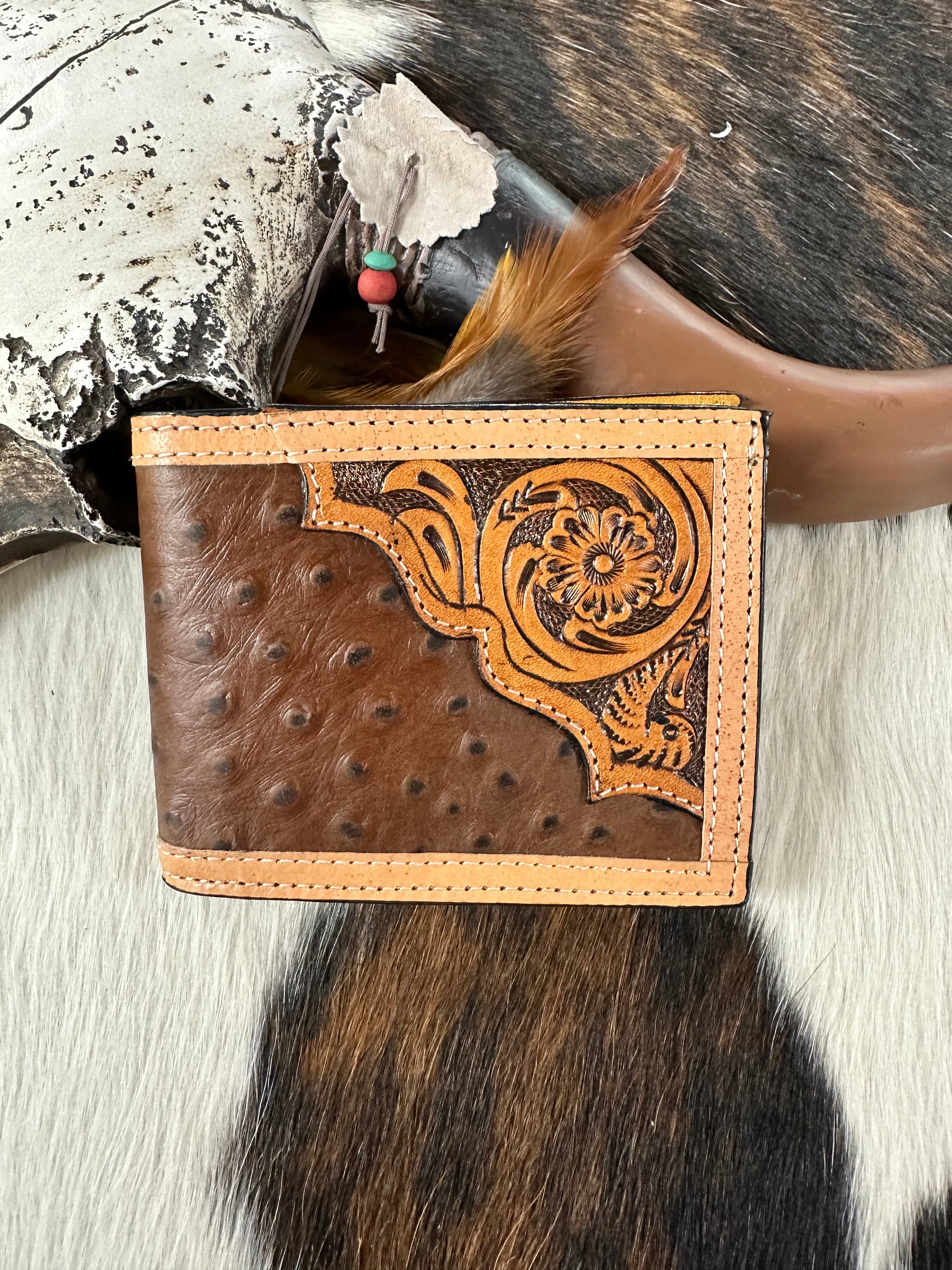 Premium Ranger Belt with Ostrich Leather & Tan Scrolls Wallet - Stylish Cowboy Accessories for Men, Perfect for Western Outfits, Rodeo Events & Outdoor Adventures
