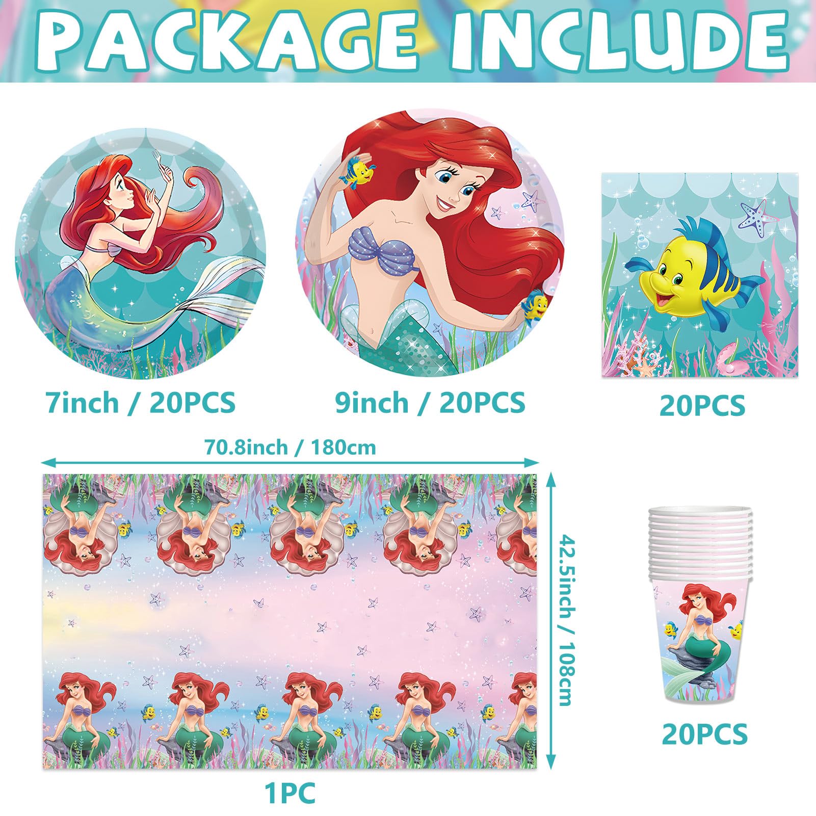 **Ariel The Little Mermaid Birthday Party Decorations Set of 81 - Includes Tableware, Backdrops & Party Supplies for 20 Guests - Perfect for Girls' Birthday Celebrations, Themed Parties & Disney Princess Events**