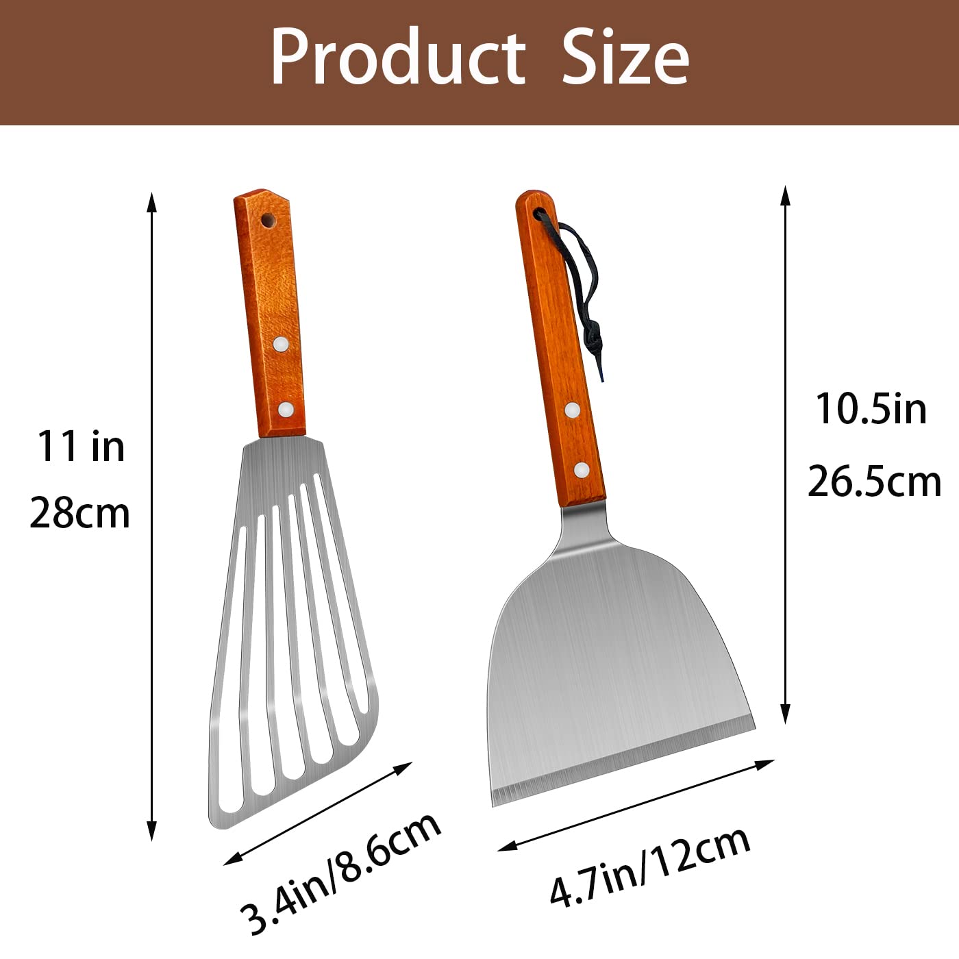 Stainless Steel Spatula Set - 3-Piece Metal Spatulas with Wooden Handle for Cooking, BBQ, Grilling & Cast Iron Skillets - Perfect for Flipping Pancakes, Burgers, Fish & More | Durable Kitchen Utensils for Home & Professional Use