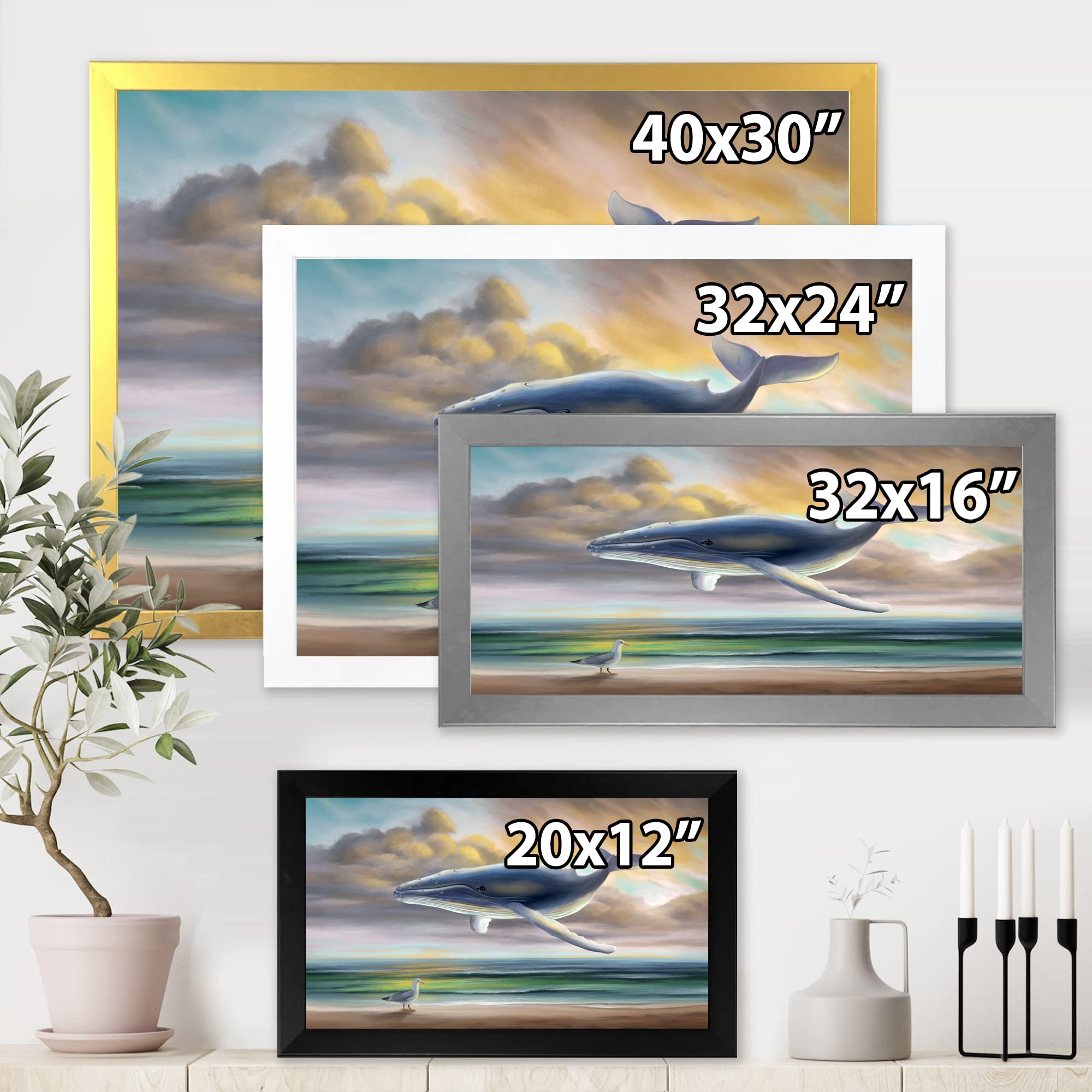 Whale Floating in the Sky - Kids Nursery Wall Art Decor, Framed Canvas Print for Children's Bedroom, Playroom & Classroom Decor