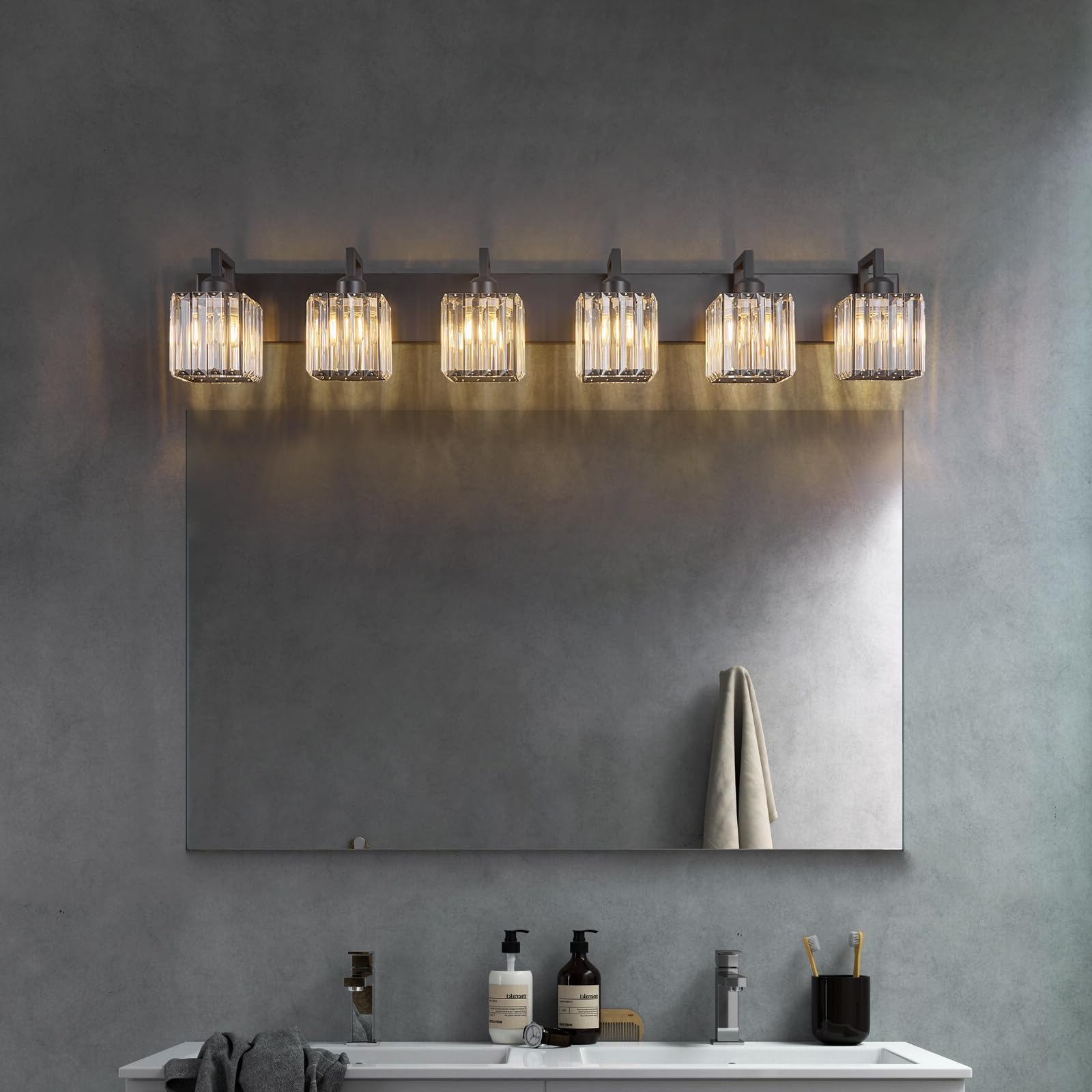 Modern Black Crystal Bathroom Vanity Light - 6-Lights Wall Lamp for Elegant Bathrooms