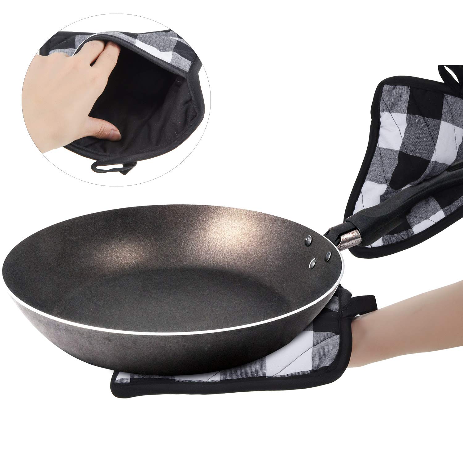 4-Piece Buffalo Check Pot Holders with Pockets - Black and White Plaid Kitchen Gloves for Cooking, Baking & Grilling - Heat Resistant Oven Mitts for Holiday Decor & Home Use