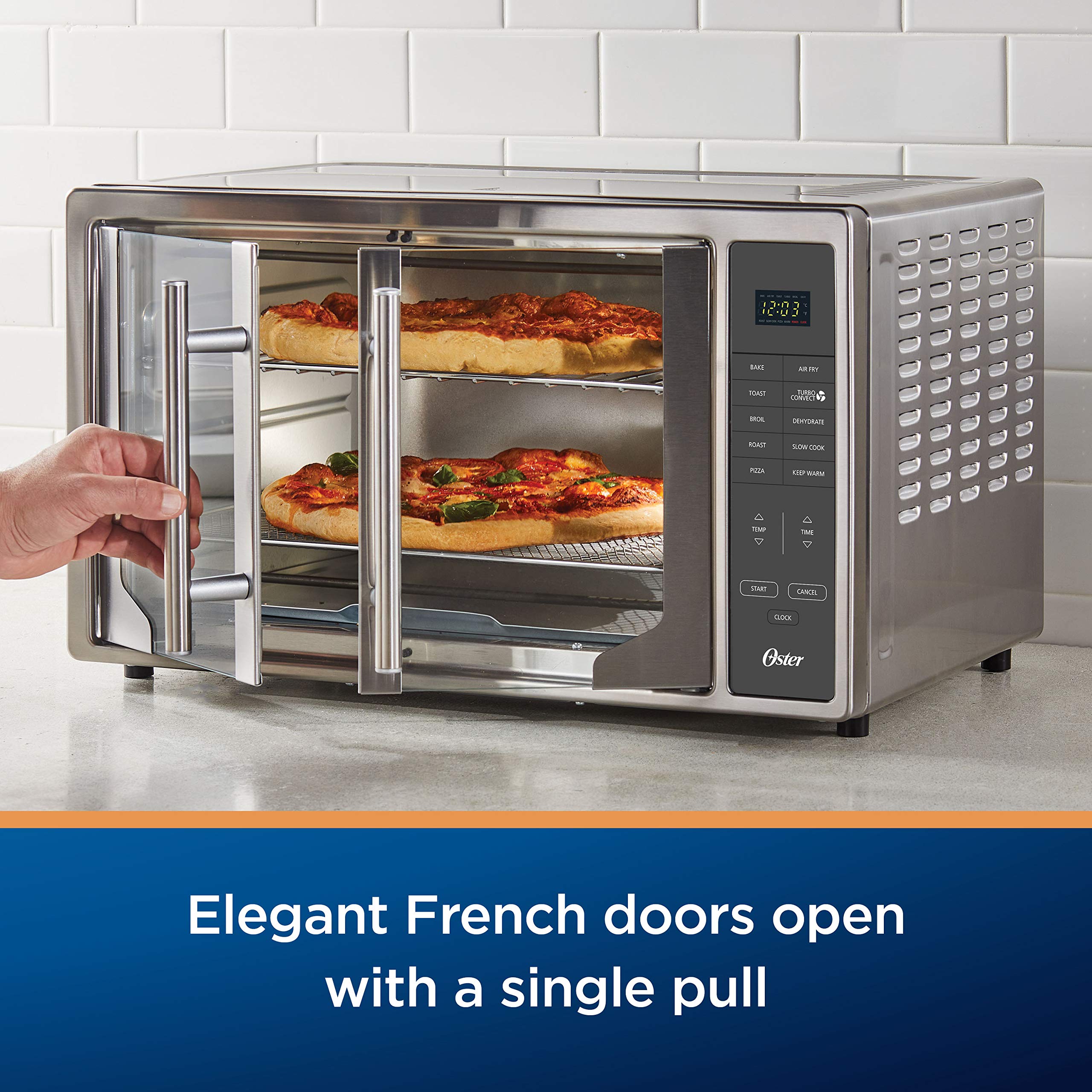 Oster 10-in-1 Air Fryer Toaster Oven with XL Capacity - Stainless Steel French Door Design - Fits 2 Pizzas - Perfect for Family Cooking, Baking, and Healthy Air Frying