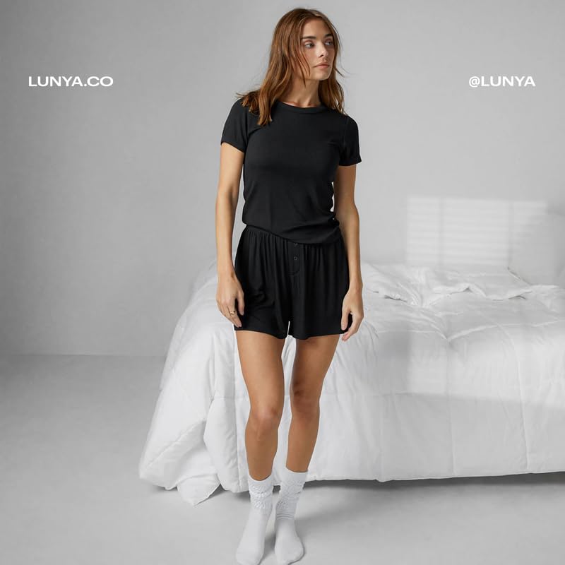 Lunya Women's Soft Modal Rib Tee & Shorts Sleepwear Set - Immersed Black, Size L | Breathable Pajama Lounge Set for Comfortable Sleep & Relaxation at Home