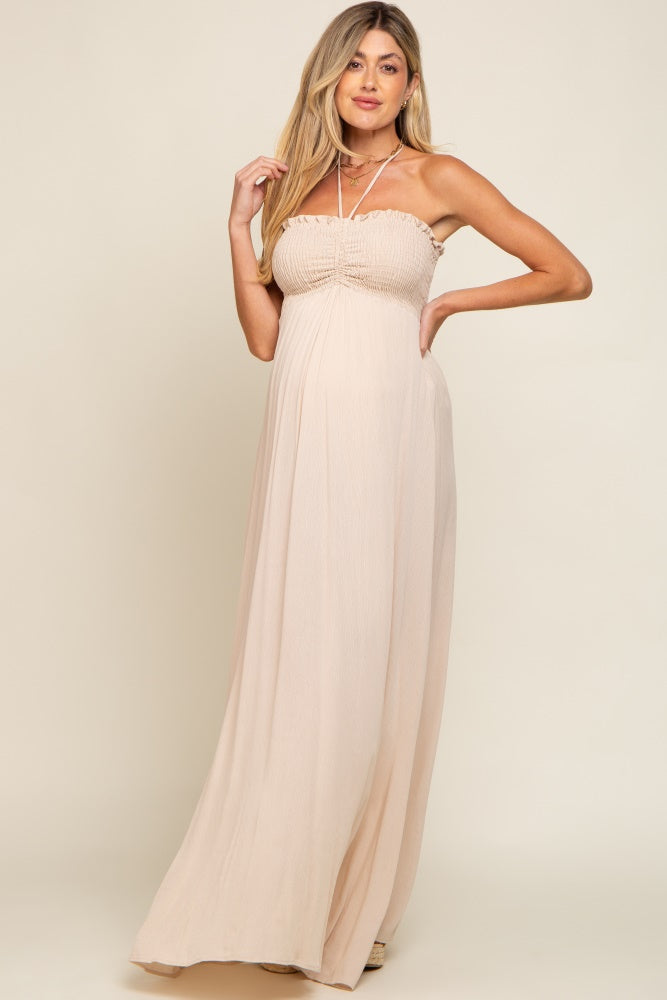 Beige Smocked Halter Maternity Maxi Dress - Comfortable Pregnancy Gown for Baby Shower, Beach Vacation & Summer Maternity Photoshoot