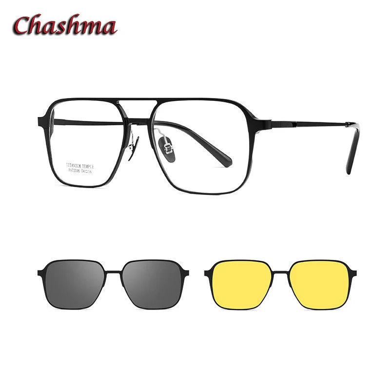 Men's Titanium Square Full Rim Eyeglasses with Double Bridge & Clip-On Sunglasses - Stylish & Durable for Work, Driving, and Outdoor Activities (Model 72046)