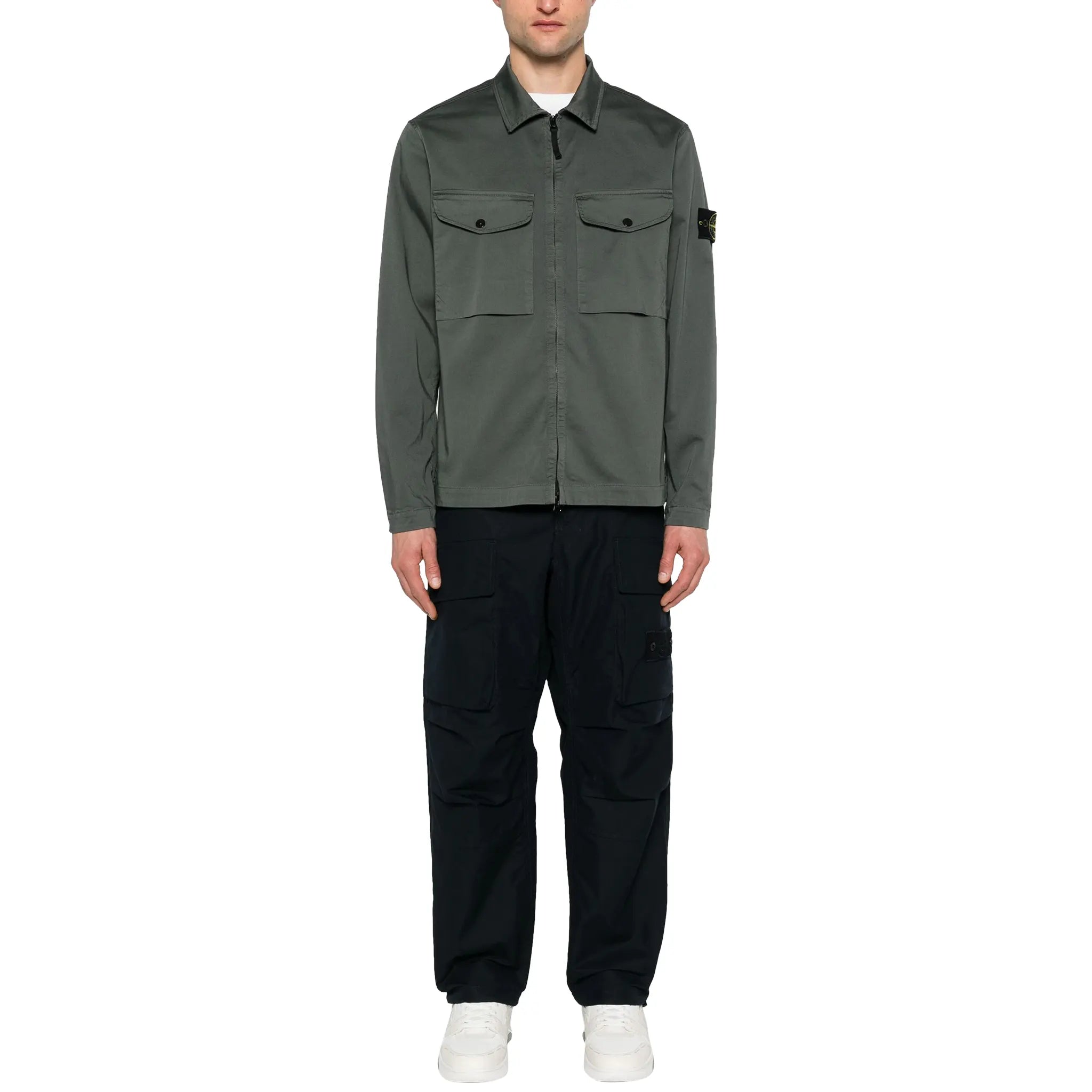 Stone Island Stretch Cotton Satin Dark Green Overshirt Jacket - Men's Lightweight Shacket for Casual Wear & Outdoor Activities
