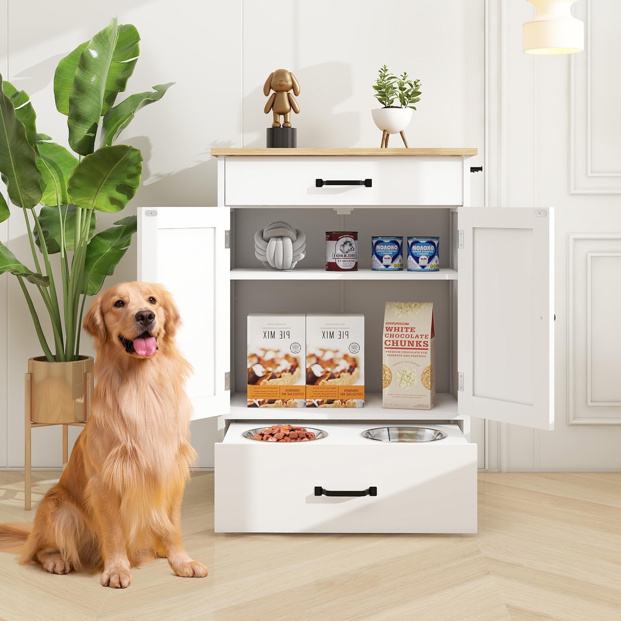 Elevated Dog Bowls with Storage - Adjustable Height Pet Feeding Station & Dog Food Organizer Cabinet - Perfect for Meal Times & Kitchen Organization