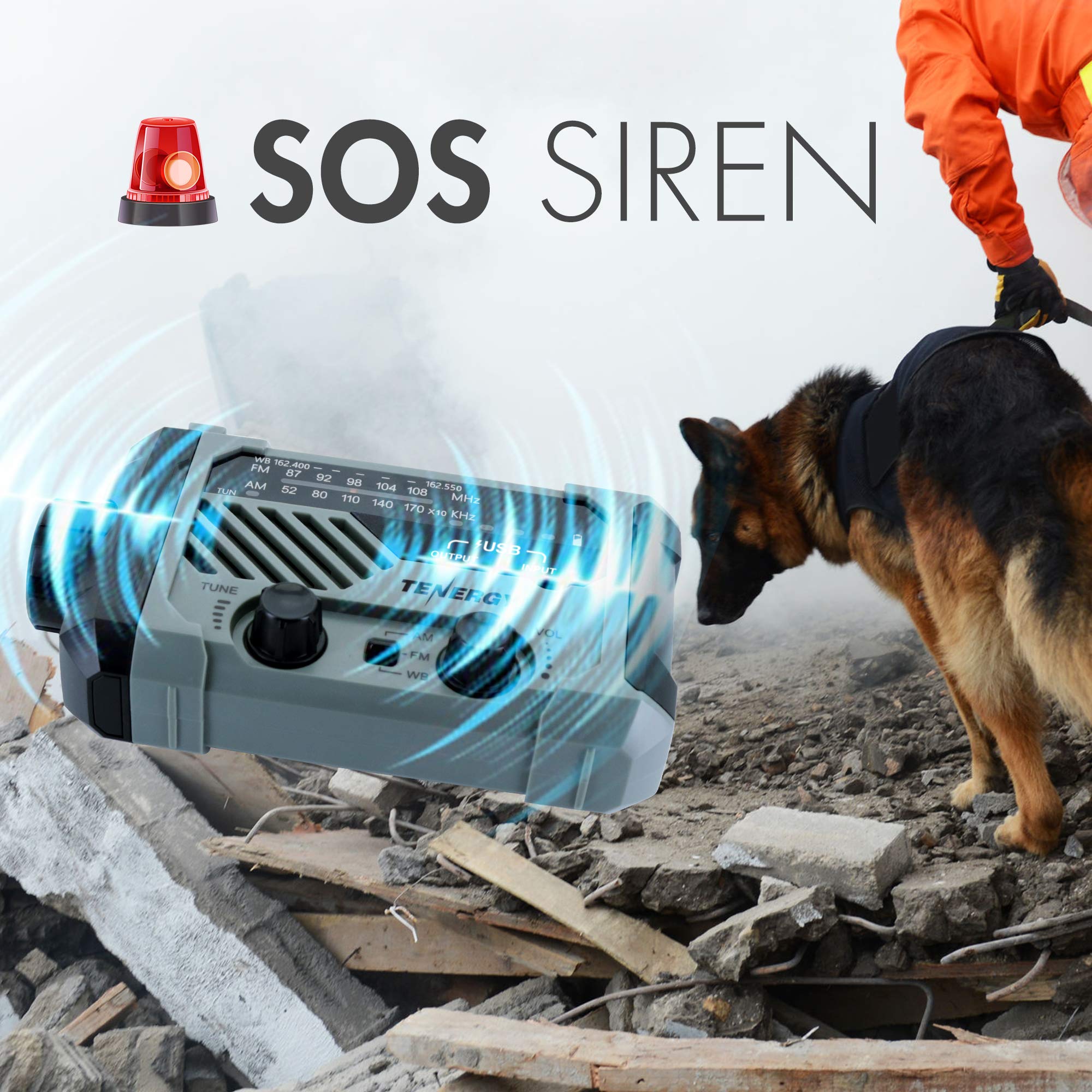 Tenergy Multifunctional Hand Crank Emergency Weather Radio with LED Flashlight, SOS Alarm, USB Phone Charger & AM/FM/NOAA - Perfect for Outdoor Camping, Hiking, Power Outages & Survival Kits
